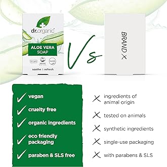 Dr Organic Aloe Vera Soap Bar, Soothing, Mens, Womens, All Skin Types, Natural, Vegan, Cruelty-Free, Paraben & SLS-Free, Recycled & Recyclable, Organic, 100g, Packaging may vary