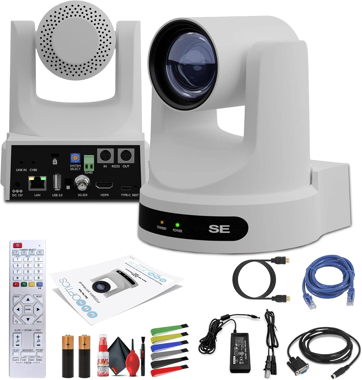 PTZOptics Move SE SDI/HDMI/USB/IP PTZ Camera with 12x Optical Zoom (White) (PT12X-SE-WH-G3) + Lens Cleaning Kit + HDMI Cable + Ethernet Cable + Color Wire Ties