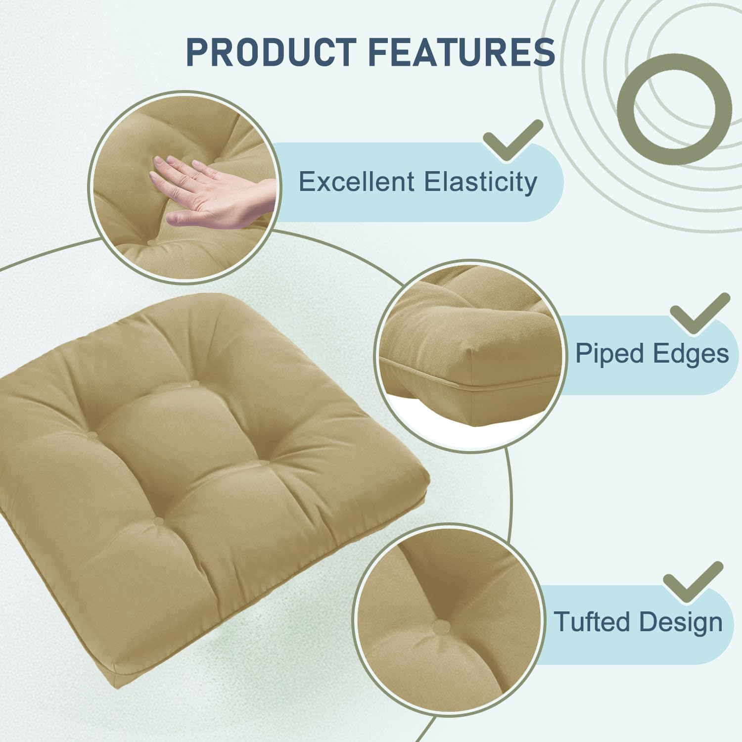 downluxe Lot de 2 Coussins de Chaise d'extérieur touffetés imperméables et surrembourrés en Mousse à mémoire de Forme pour Meubles de terrasse – 48,3 x 48,3 x 12,7 cm – Kaki