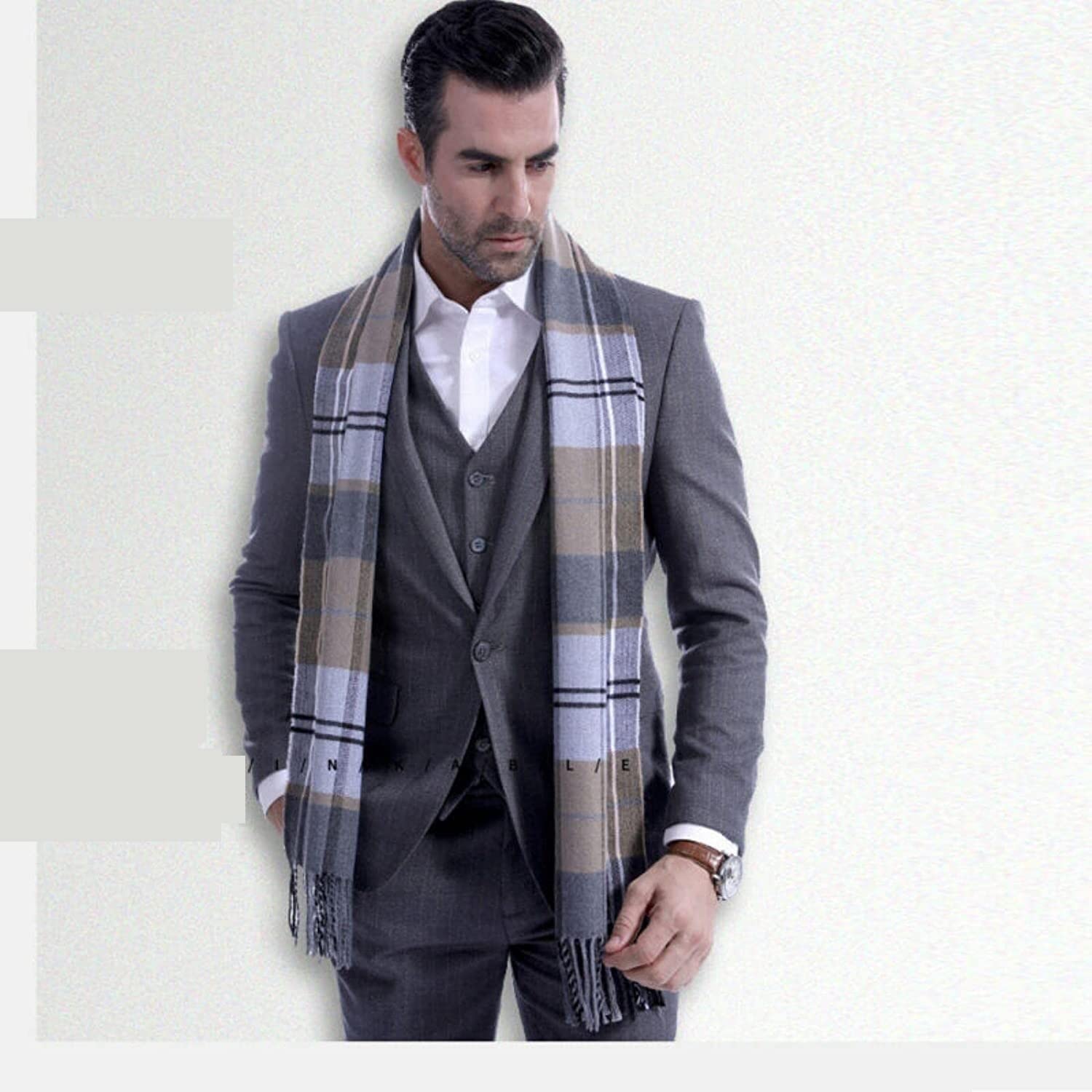 Bufanda Chal Bufandas Hombres Moda Gris Plaid Otoño Invierno Bufandas Hombres Spinning Classic Muffler Hombres Suave y Cálida