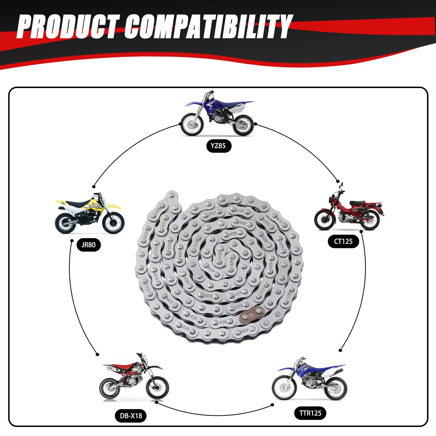 KAMIER 428 Drive Chain 116 Links with Chain Breaker Tool for 110cc 125cc TTR125 YZ85 CB125 Apollo RFZ DB-X18 DB-X19 Suzuki JR80 RM85 TaoTao Chinese Pit Dirt Bike 4 Wheeler ATV Quad Heavy Duty Parts
