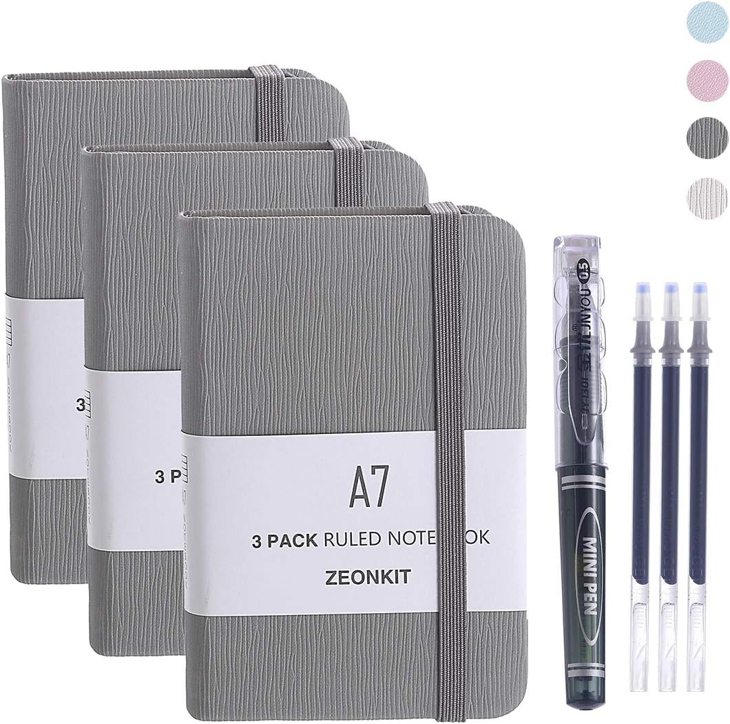 3 pack mini Pocket Notebook,small hardcover pocket journal with Pen(1 pen+3 Refills),A7 notebook size2.5×4 inch, Time planner notebook for kids girls women college student, 96 sheets /192 pages.(GRAY)