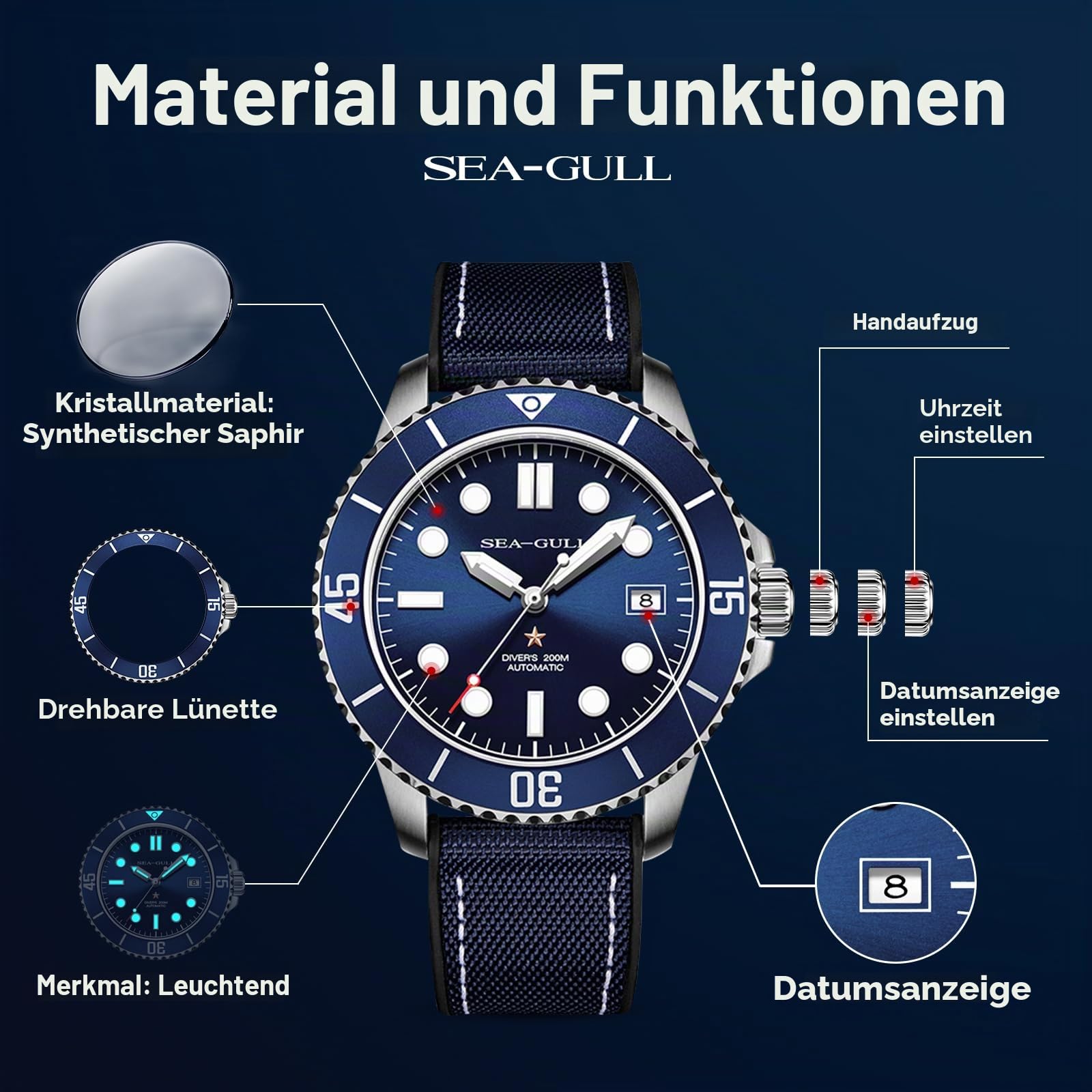 SEA-GULL Automatische mechanische Taucheruhr für Herren, 200 m, wasserdicht, Business-Kleid, leuchtender Kalender, Armbanduhren, 40 mm, Ozean-Serie 6204