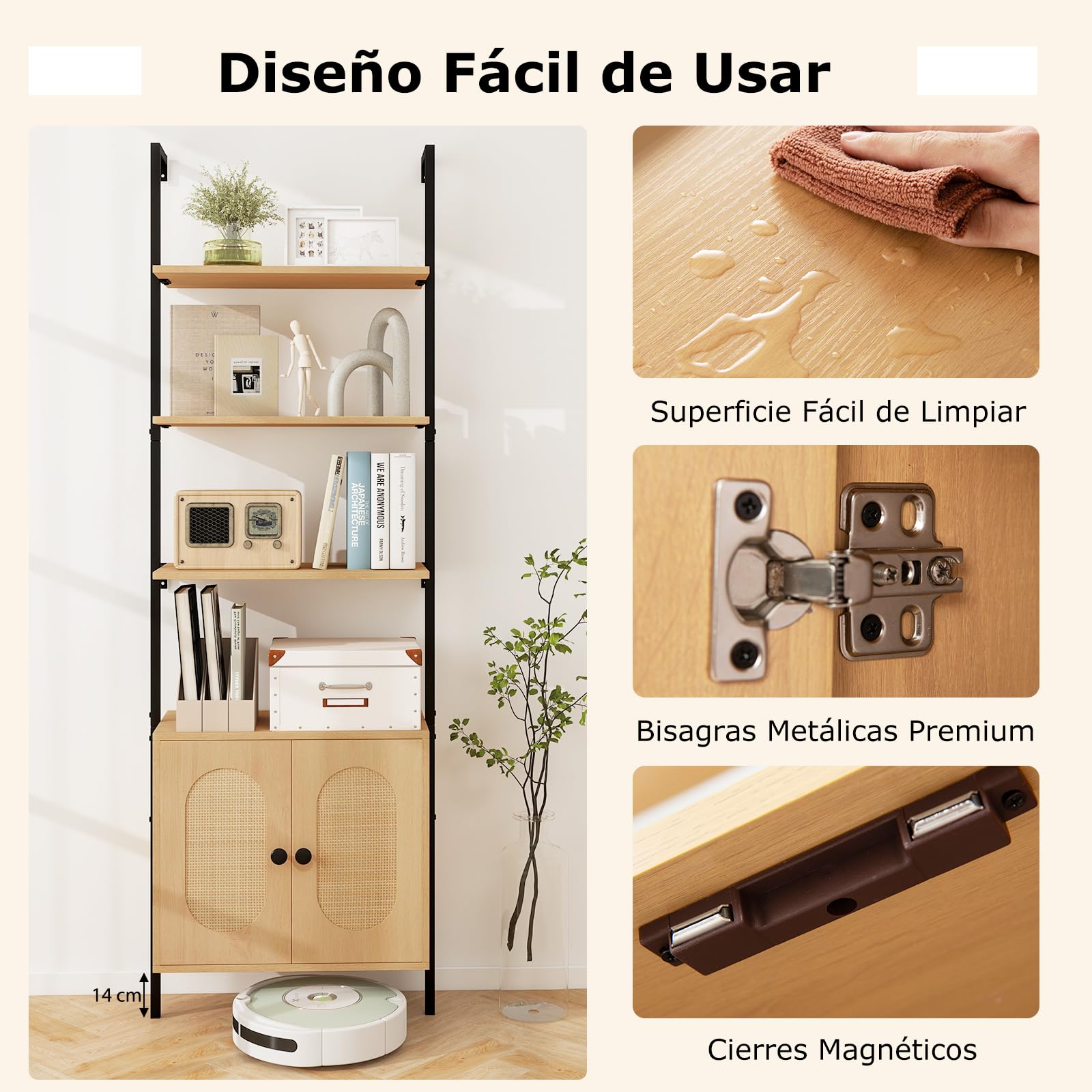 COSTWAY Estantería Escalera de Pared, Estantería de Ratán con 3 Niveles y Armario, Marco de Metal, Libreria Estrecha Salon Dormitorio Oficina Baño, Natural, 60 x 30 x 184 cm