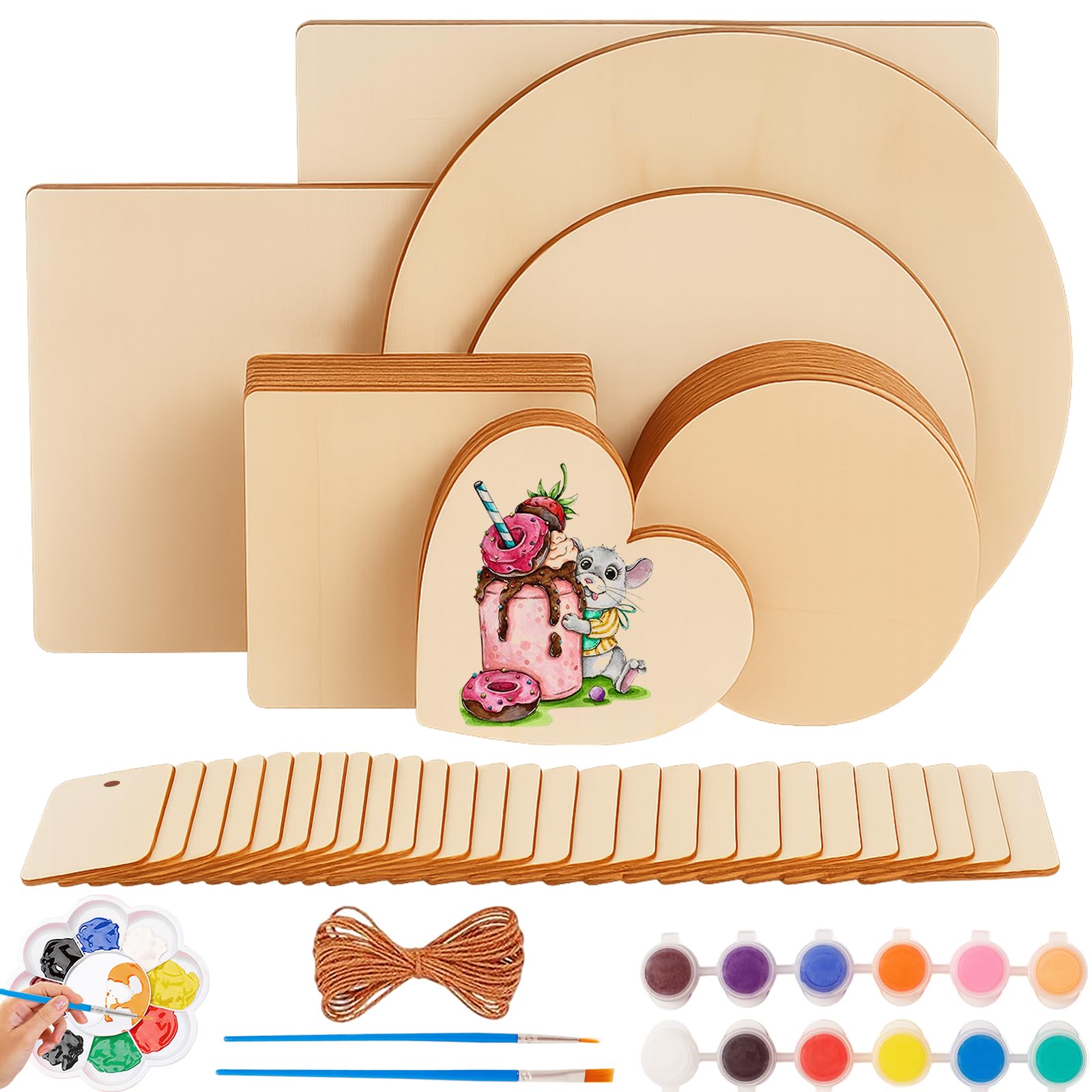 58Pcs Unfinished Blank Wood Slices, Pyrography Wood Blanks with Pigments/Paintbrush/5M Twine, 8 Sizes Unfinished Natural Wooden Pieces, Wooden Circles Square Hearts for Craft DIY Painting