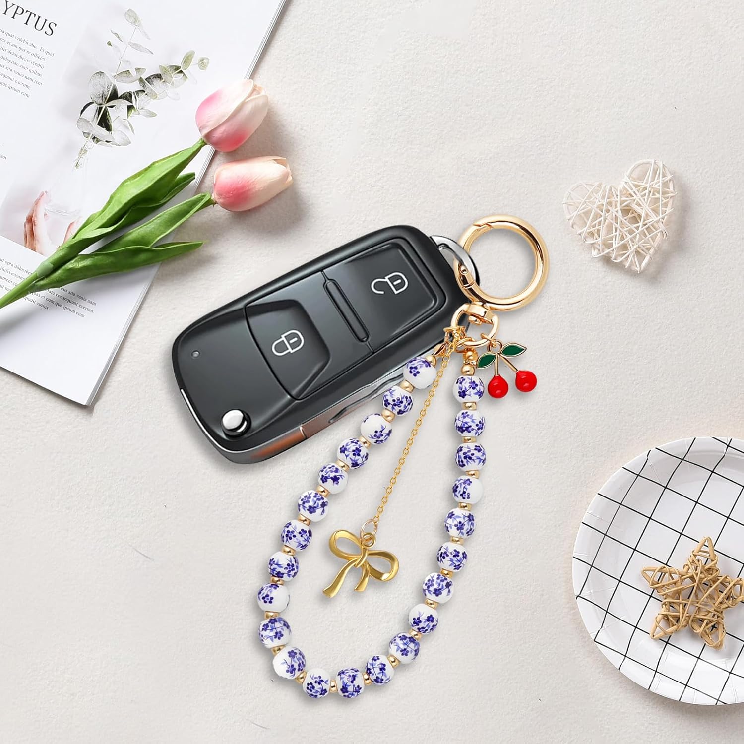 Beaded Keychain Wristlet for Women Glitter Cherry Keychain Beaded Charm Bow Key Ring Bracelet Car Key Chain Vintage Beaded Bag Purse Accessories for women - Image 8