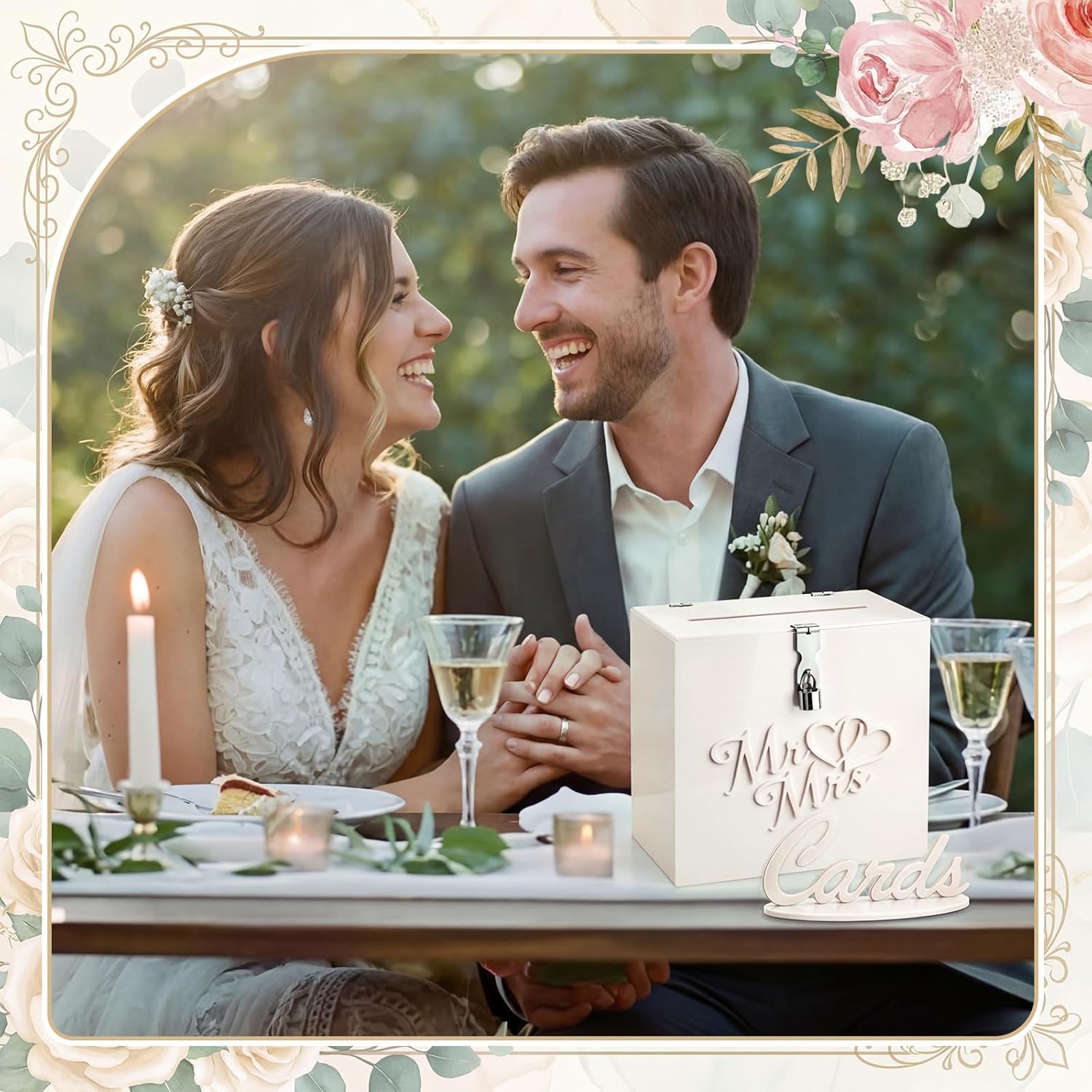 Chumia Cream White Acrylic Wedding Card Box with Lock, 3D Embossed Mr and Mrs Gift Card Box with Cards Sign for Wedding Reception, Bridal Shower, Engagement, Anniversary Party