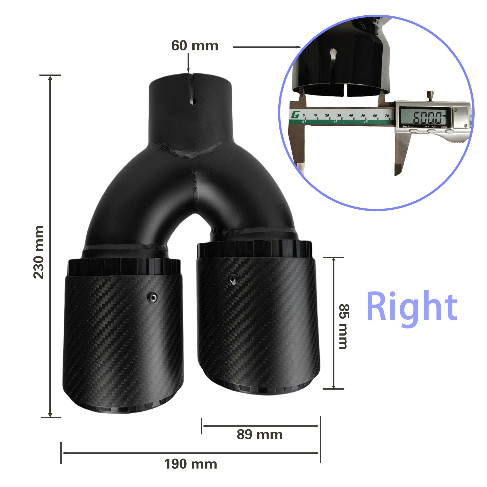 Car Exhaust Muffler Pipe Tłumik tylny ze stopu aluminium z włókna węglowego, czarny podwójny wylot, matowy Tłumik Samochodowy(60mm-89mm-Right)