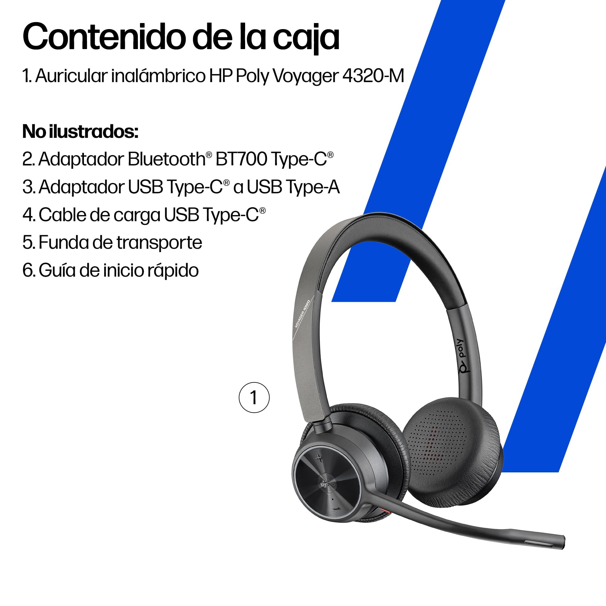 Auriculares inalámbricos Poly Voyager 4320 UC - Audífonos estéreo con micrófono de brazo con cancelación de ruido - Conexión Bluetooth a PC/teléfono móvil - Funciona: Teams (certificado), Zoom y más