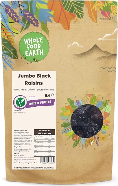 Wholefood Earth Jumbo Black Raisins 1kg | GMO Free | Vegan | Source of Fibre