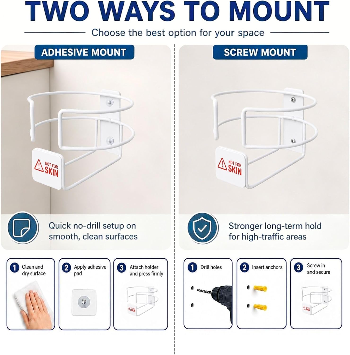 Wall Mount Disinfecting Wipes Holder for Clorox & Lysol Canisters, Metal Cleaning Wipe Canister Bracket with Not for Skin Warning Label, Fits up to 5.2", Adhesive or Screw Mount for Gym Office Garage image 4