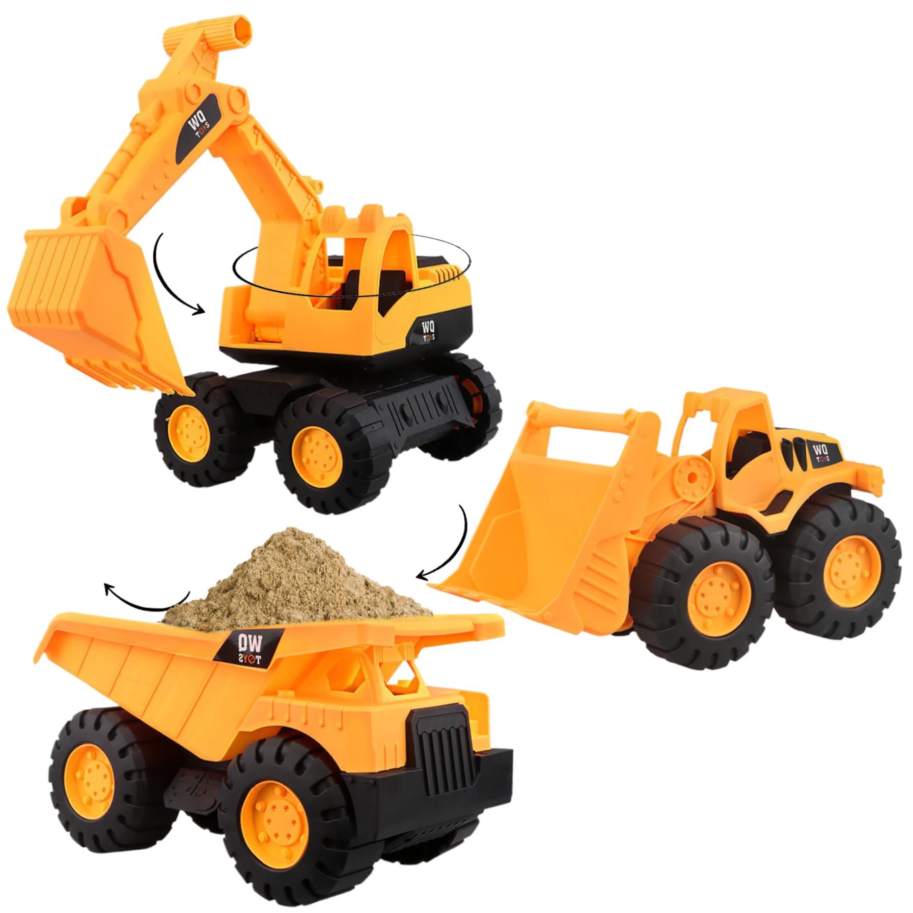 Lot de 3 Voitures Jouets Robustes à Bords Lisses pour Sable de Plage avec pièces Mobiles - Voitures Construction Orange à inertie Comprenant Une Pelle, Un Bulldozer et Un Camion (Grand)