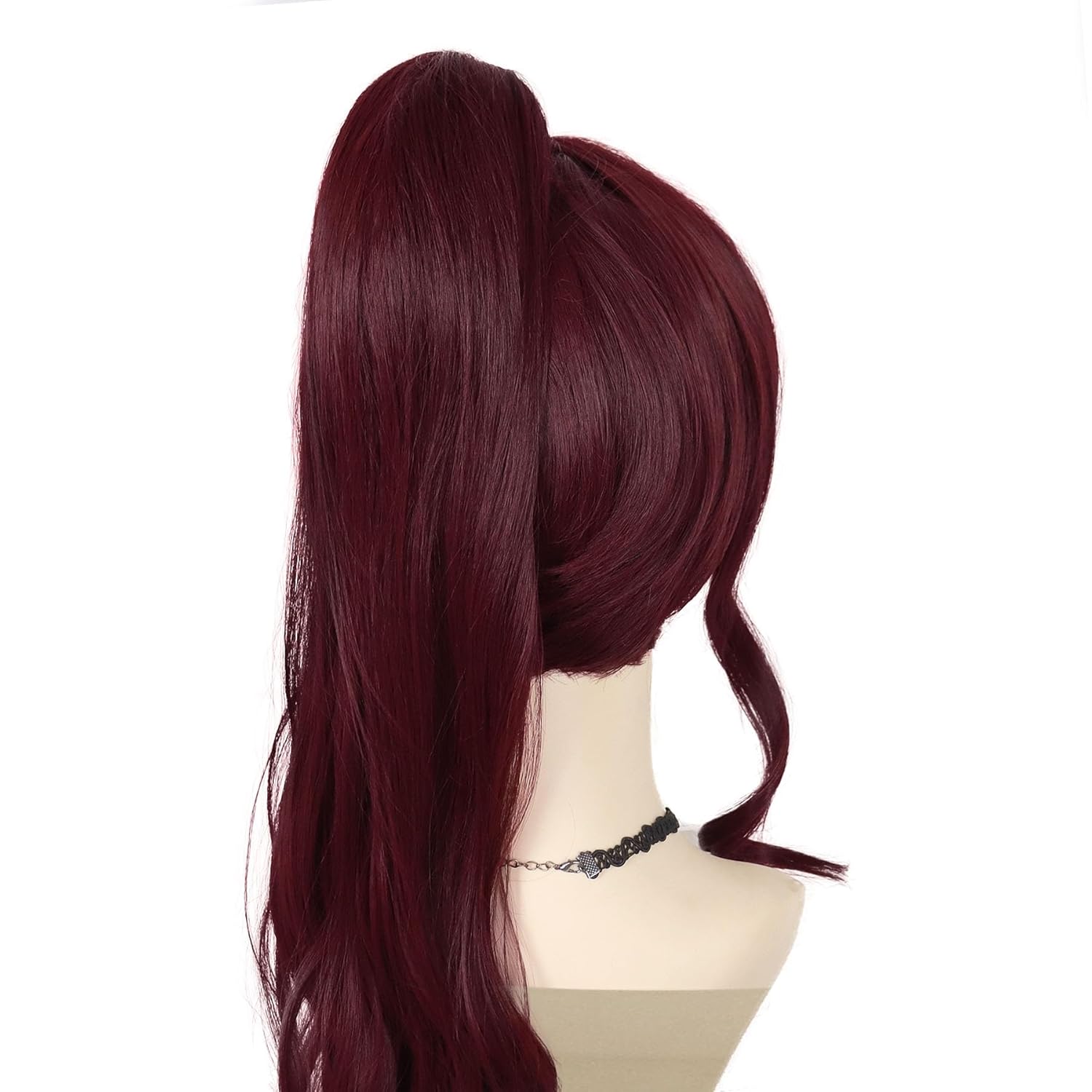 GNIMEGIL Short Wine Red Wigs for Women with 27 inch Long Ponytail in Deep Burgundy Wig with Bangs Trendy Hair Accessory Megara Wigs with Hair Extensions Ponytail Halloween Costume Dark Cherry Red Wig