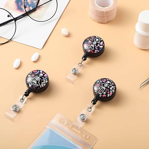 Miniatura 5 de Tenare Carrete retráctil de 3 piezas para tarjetas de identificación con diseño de radiología para el Día de los Muertos, huesos, esqueleto, cráneo,