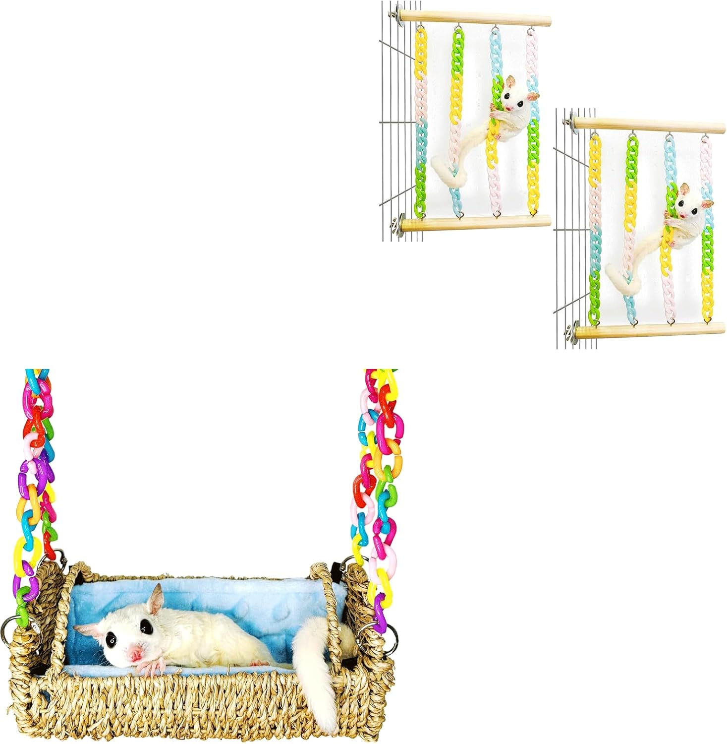 ​​Jevnd Sugar Glider Habitat Bundle - 2 Natural Wood Climbing Toys & Seagrass Hammock with Removable Pad for Small Pets​