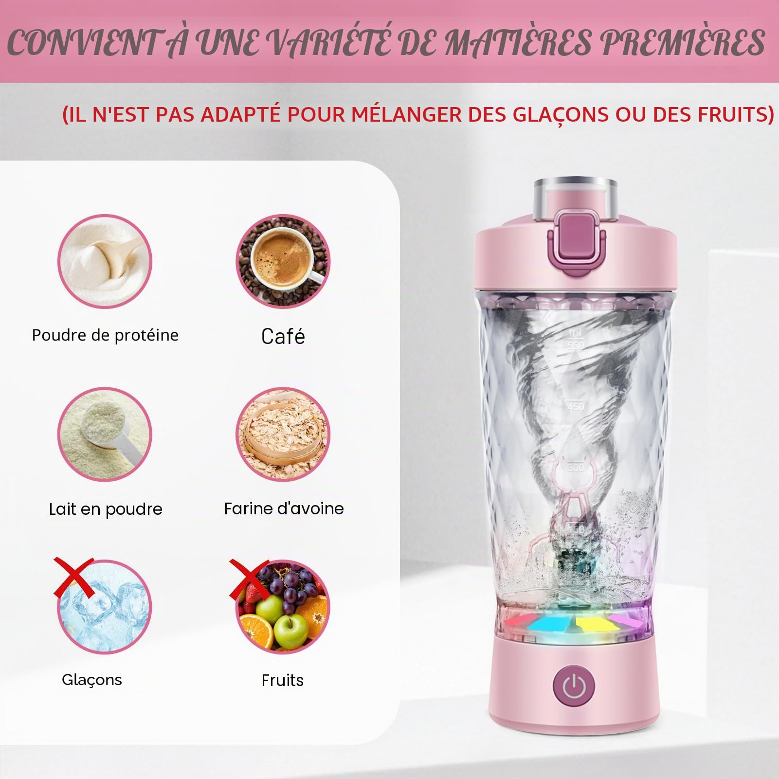 SOARFLY Shaker électrique avec compartiment à poudre, 650 ml, rechargeable, avec USB C, pour poudre et milkshake, sans BPA, rose