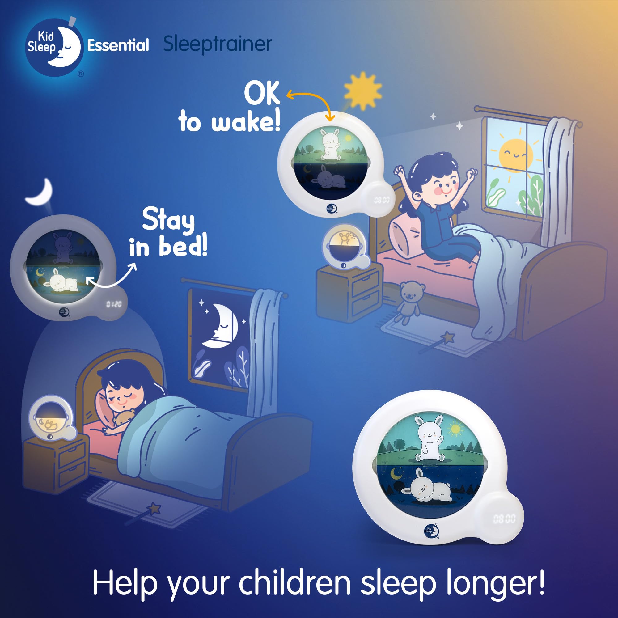 Pabobo – Indicador de Despertador Kid'Sleep Essential, para Dormir más Tiempo y tapprivilegiar el Tiempo. Luz Nocturna educativa. Programación fácil, Bloqueo de los Padres. Modo Silencio o Alarma de