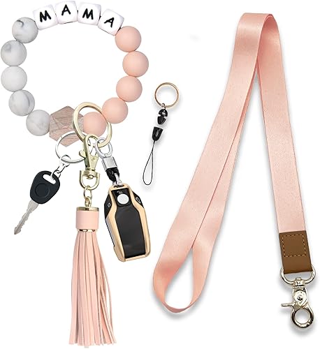 PAKASEBOXES Cordones para llaves, cordón de cuello largo y llavero de pulsera, bonito llavero para mujer, regalo del Día de la Madre (MAMA-melocotón)