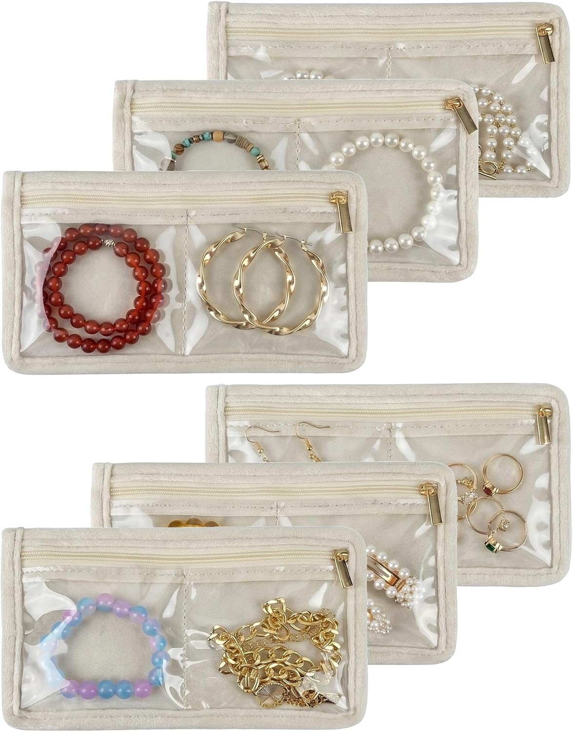 Travel Jewelry Organizer Case Refill Pages-24 Compartments Clear Zipper Velvet Pockets for Rings Earrings Necklaces,2-Section Replacement Pages, Beige,Pack of 6
