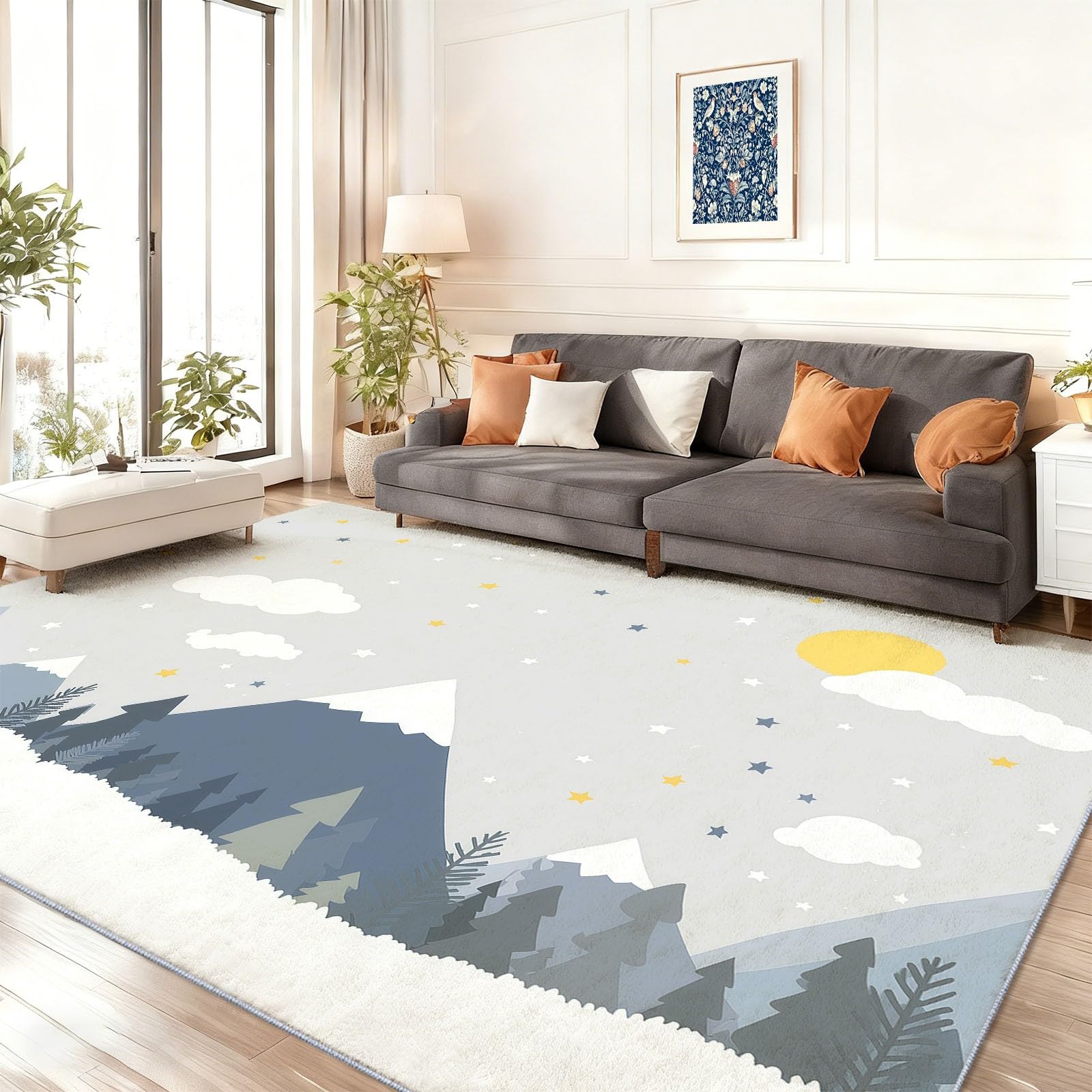 Dywan do salonu Kreskówka śnieg góry drzewa 120 x 170 cm, szary dywan z nadrukiem, można prać w pralce, antypoślizgowy z krótkim włosiem do sypialni i salonu, nowoczesny design