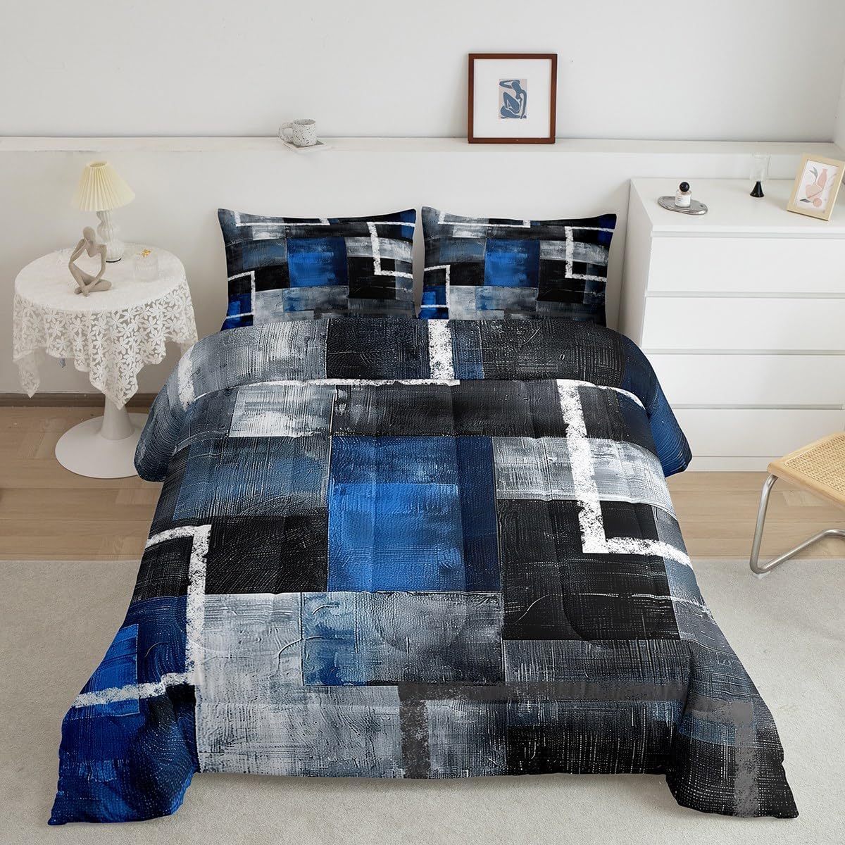 Erosebridal Oil Painting Geometric Queen Size Bedding Set for Teen Adults,Blue Black Grey Comforter Set Modern Abstract Art Comforter Watercolor Patchwork Duvet Insert