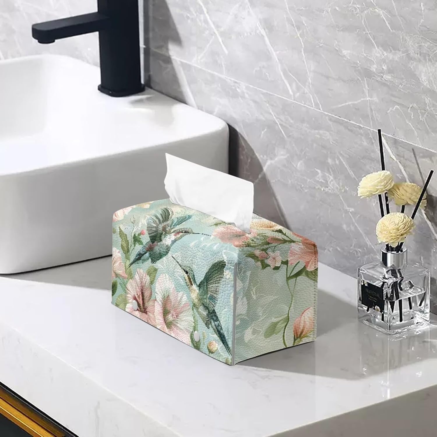 Hummingbird Flower Tissue Box Cover Rectangular Lotus Leaf Tissues Boxes Cover with Metal Buckle Design Rectangular Tissue Box Cover Portable Leather Box image 4