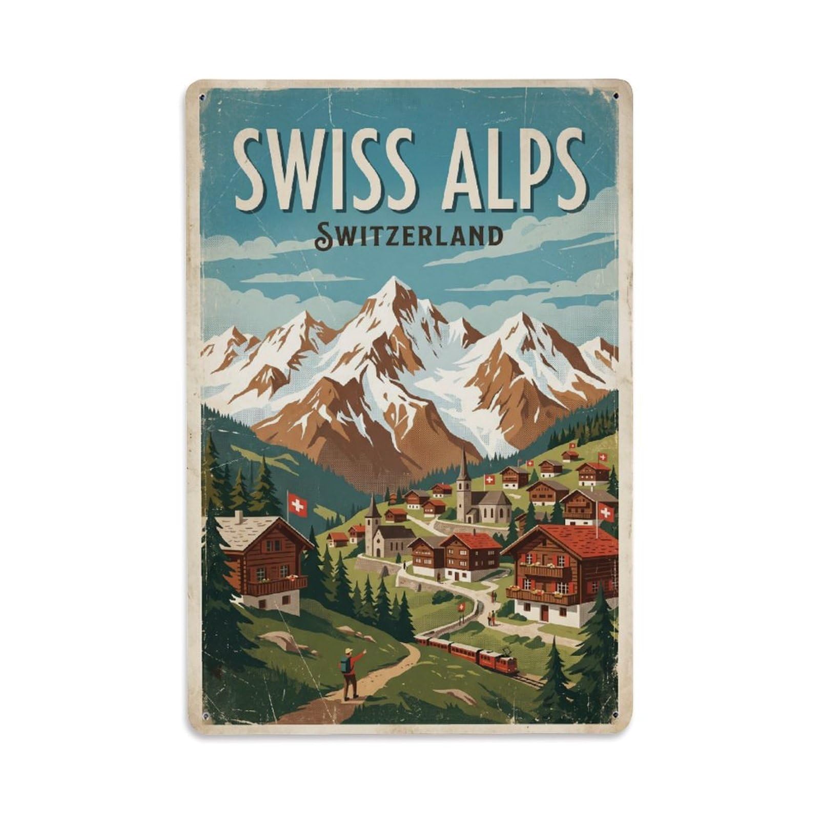 Vintage Travel Alps Switzerland Metal Tin Sign Wall Decor for Cafe, Club, Garden Metal Poster 8x12Inch