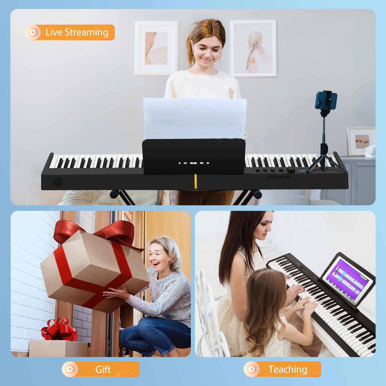 Pianoforte Digitale 88 Tasti semi-pesati, Pieghevole Digital Piano con Bluetooth e interfaccia MIDI, Semipesata Piano Elettroniche Fullsize per Principianti