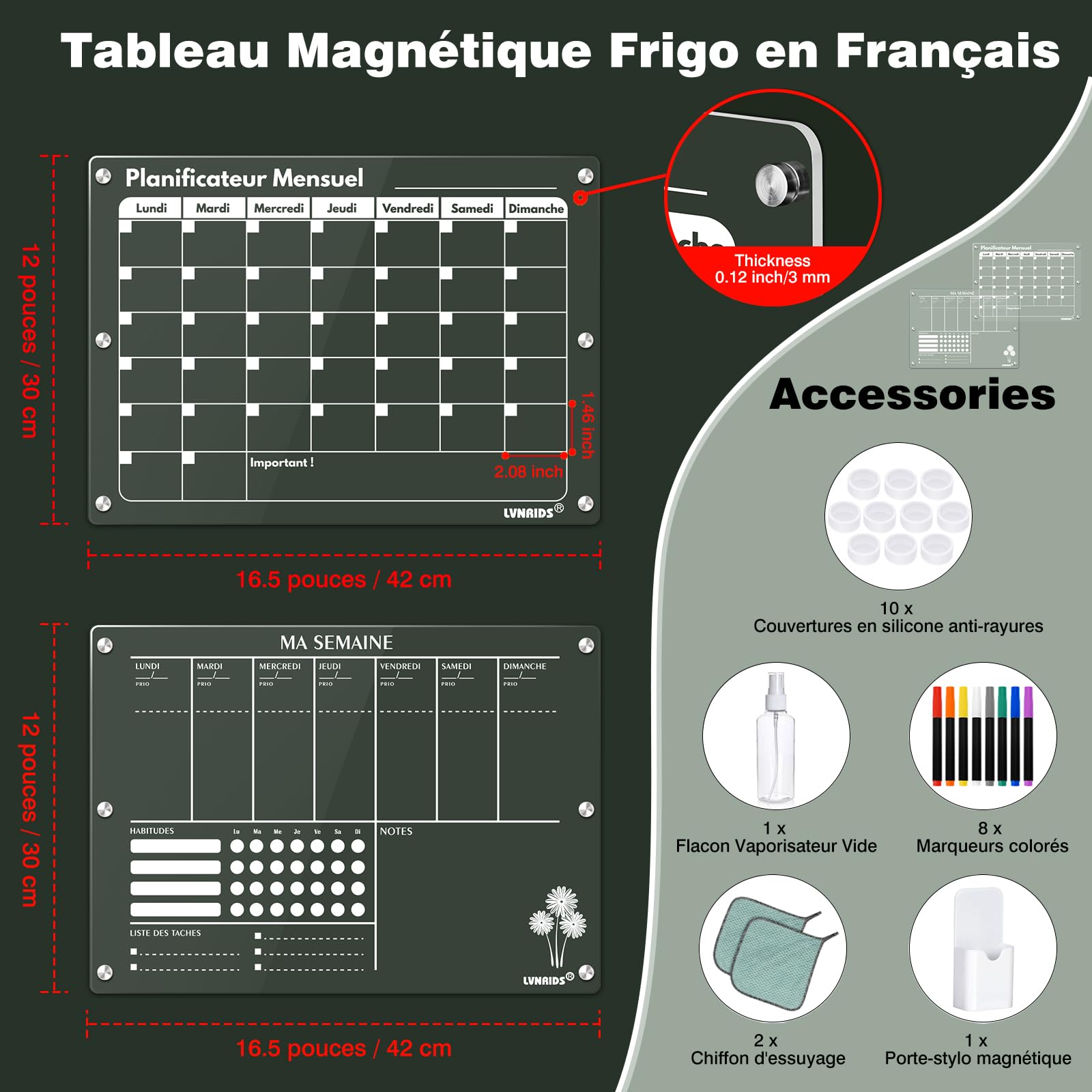 2 Pack Calendrier Frigo Transparent Magnetique en Français, 42 x 30 cm Acrylique Calendrier Magnetique Planner Frigo et Planning Semaine Magnétique Tableau Transparent