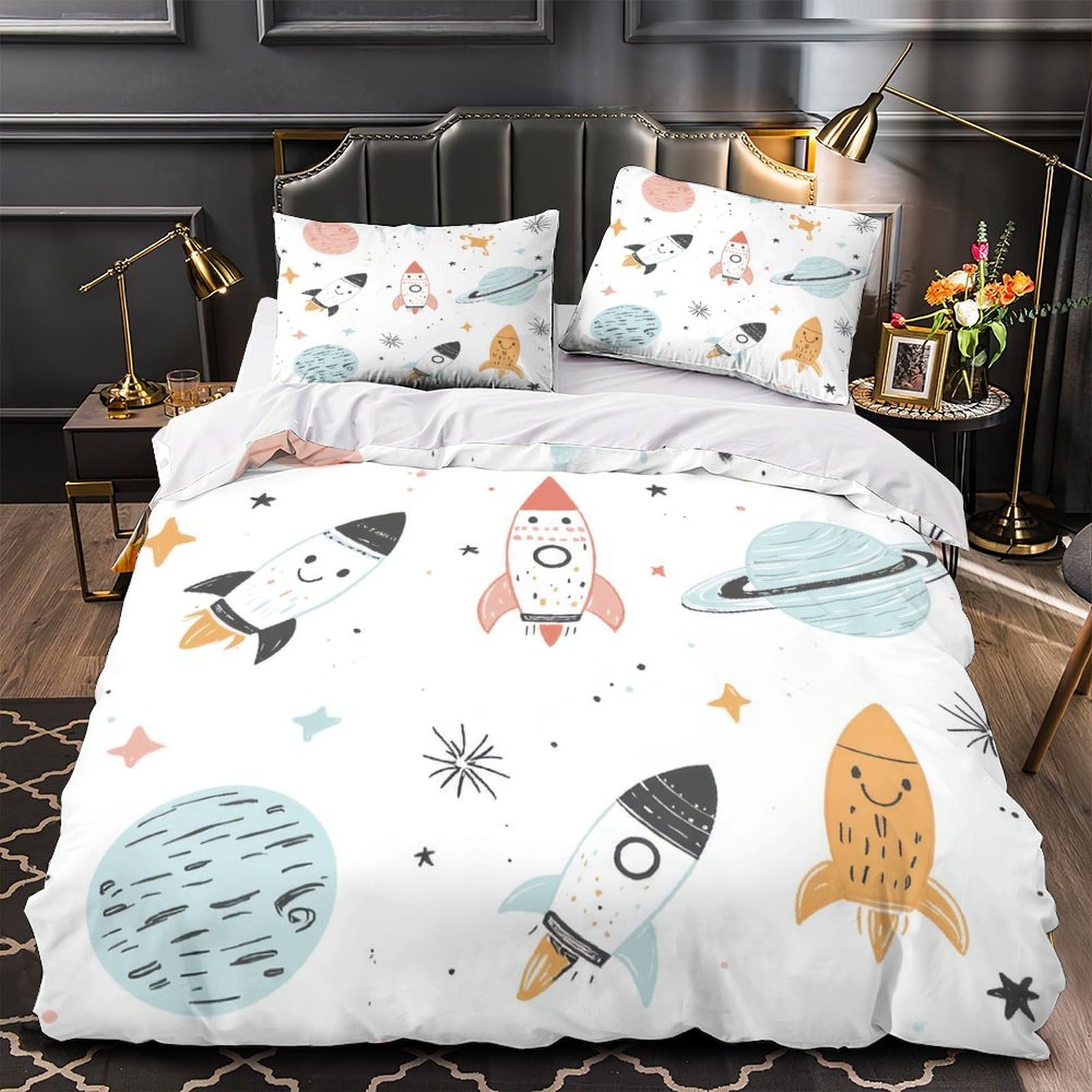 Housse de couette enfant fusée spatiale 135x200 parure lit microfibre douce