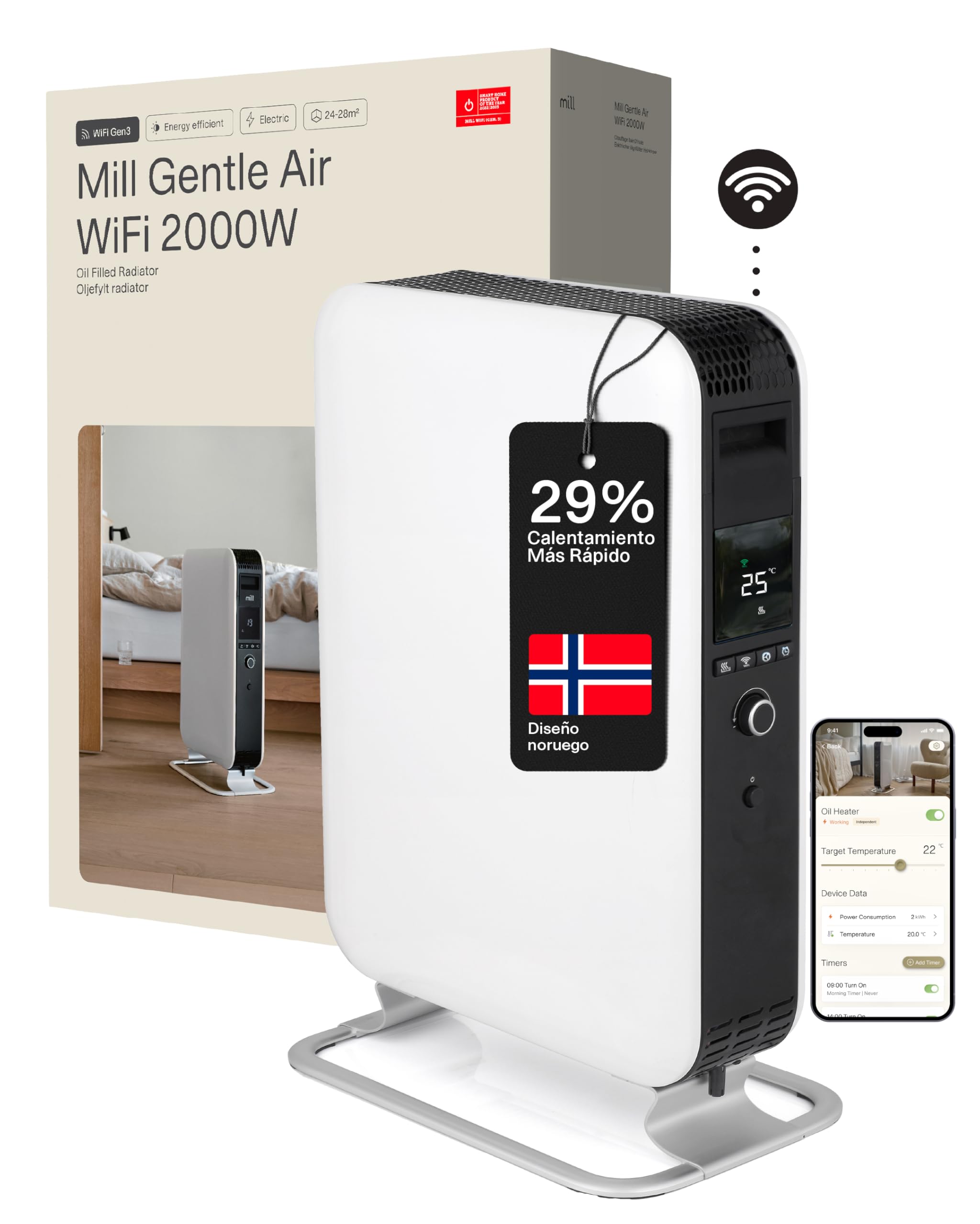 Mill WiFi Smart Oil Radiator 2000W With App, For 24-28m2, Low Consumption Electric Heater, Quiet And Safe, Standing Radiator Designed In Norway