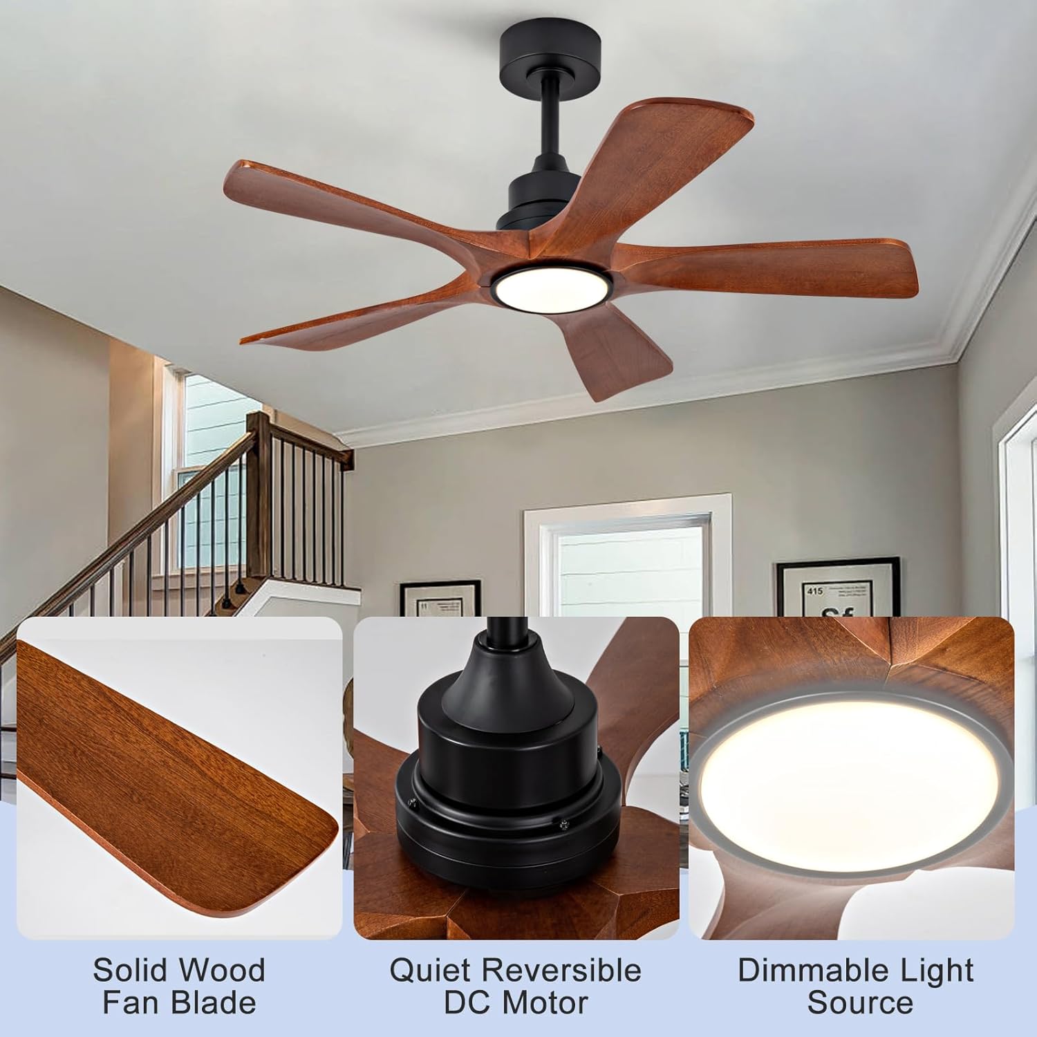 42 Inch Ceiling Fans with Lights and Remote, Wood Ceiling Fan with Light, Dimmable, 5 Blade, Memory Function, Reversible DC Motor, Modern Indoor Outdoor Ceiling Fan for Patio Bedroom Living Room