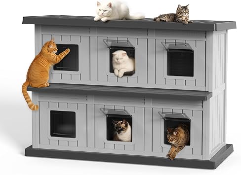 ROJIK Outdoor Cat House, Waterproof & UV Resistant 2-Tier Feral Shelter with Elevated Floor and Entry Windows, Durable Resin Cat Condo for Yard and Patio Use 51.97x26.42x37.28 Inch, Black