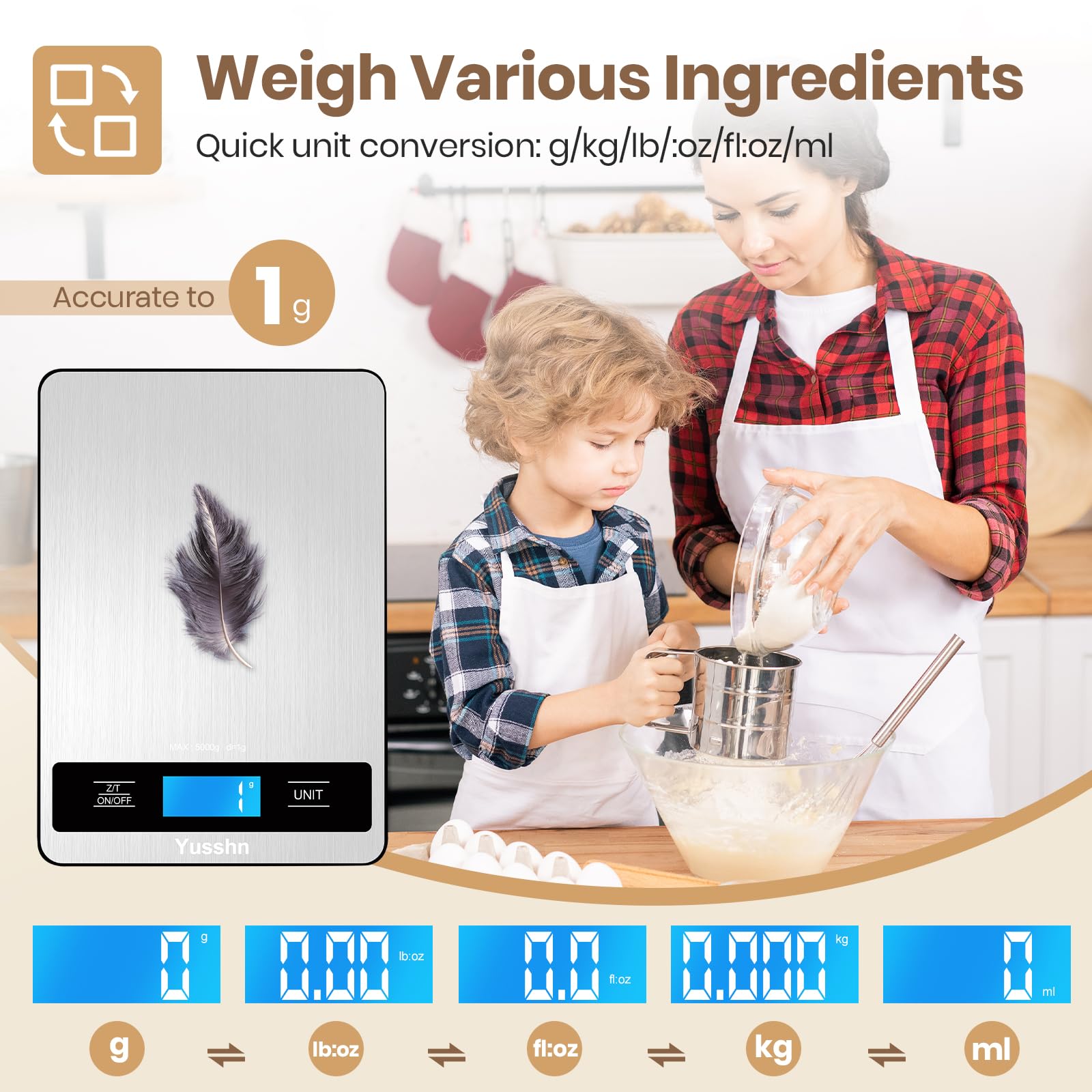 Yusshn Balance de cuisine numérique – Balance alimentaire de précision pour la cuisine et la pâtisserie (précision de 1 g) – Acier inoxydable étanche avec écran LCD, piles incluses – Poids en grammes