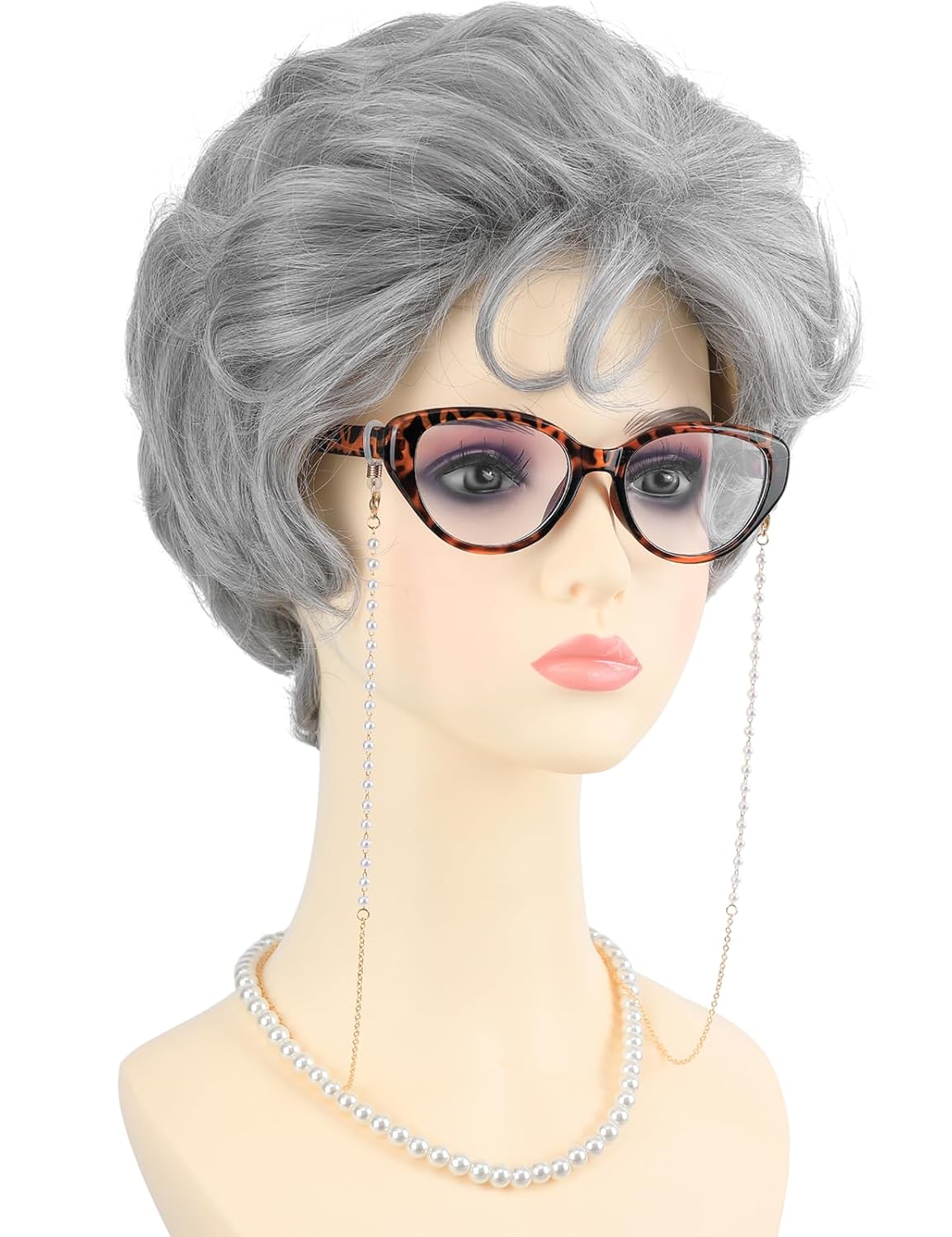 Gray Old Lady Costume Wig for Women with Glasses Chain Necklace - Short Curly Grey Grandma Wigs for Older Women Granny Outfit - Perfect for 100th Day of School Costume and Parties (Grey) - Image 3