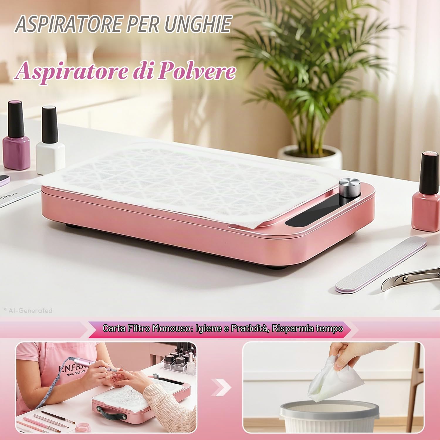 Collettore Polvere Unghie, 2000PA Professionale per Collettore di Polvere Unghie Tecnologia Unghie, con 45 Fogli di Filtro Monouso, per Manicure a Salone Unghie & Home DIY, Rosa