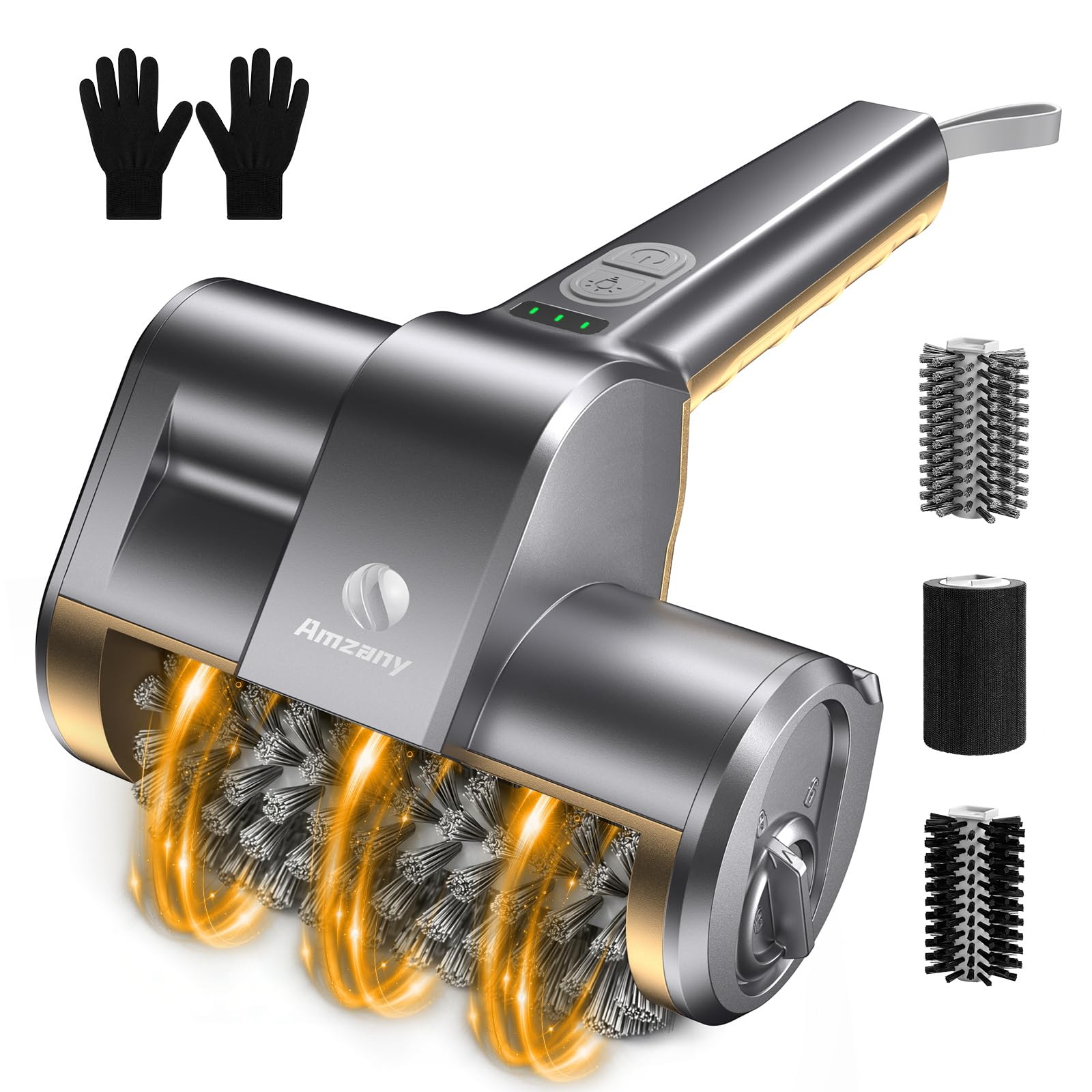 Amzany Cordless Electric Grill Brush — Rechargeable BBQ Cleaner with 3 Replaceable Heads, 2-Speed Powerful Motor, 150-Min Runtime, LED Light for Charcoal, Pellet Grills & Griddles