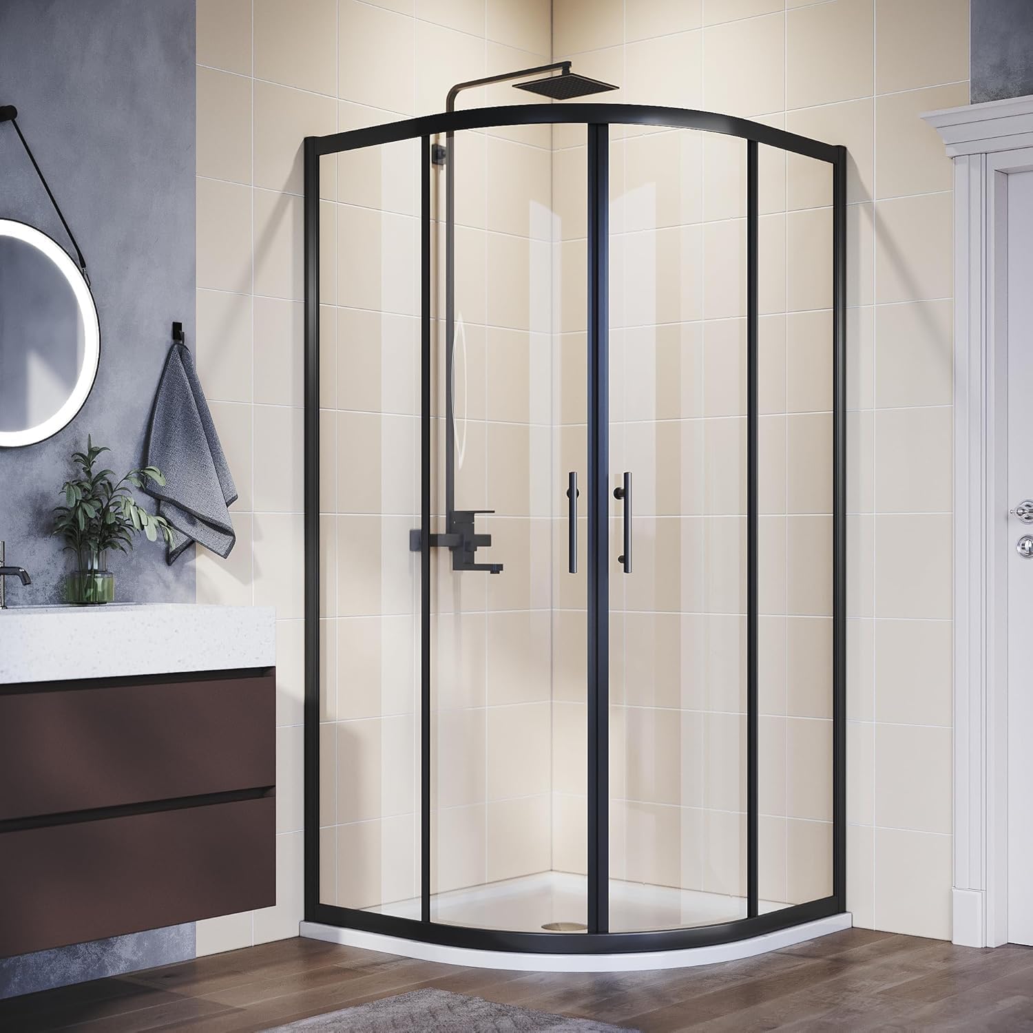 ELEGANT 800 x 800 mm Black Framed Offset Quadrant Shower Enclosure 6mm Tempered Sliding Glass Cubicle Door with Tray + Waste