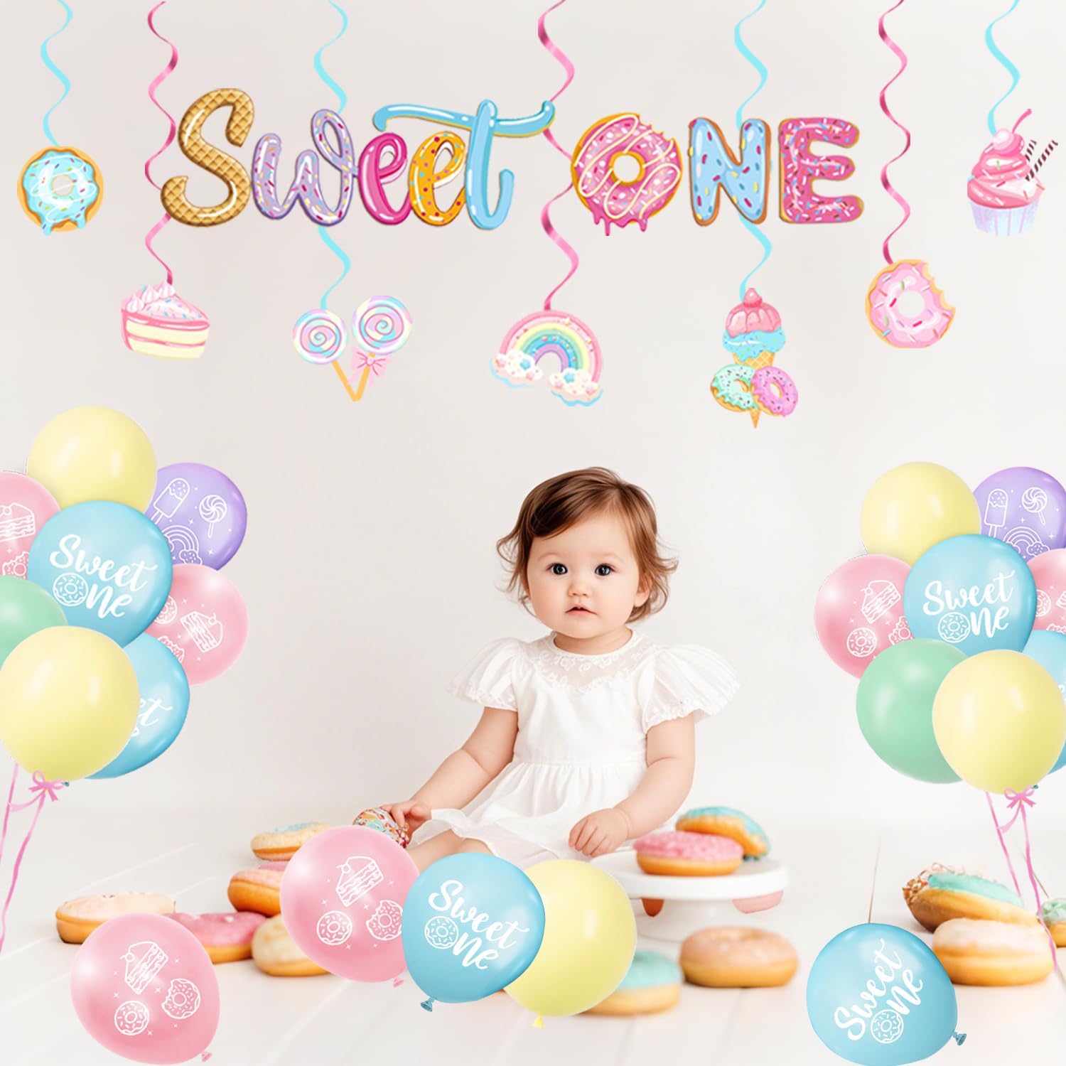 Sweet One Birthday Party Decorations Includes Plates, Napkins, Cups, Cutlery, Cake & Cupcake Toppers, Banner, Hanging Swirls, Tablecloth, Balloons for Girl Donut First Birthday Decorations, Serve 24 - Image 6
