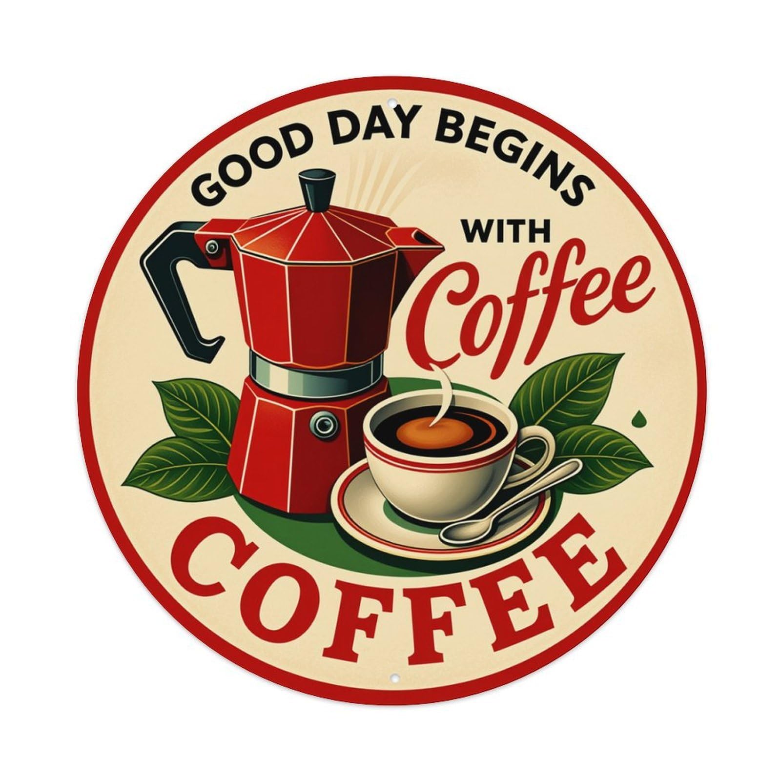 Coffee Maker Cup Leaves Text Round Tin Sign Retro Metal Sign for Cafe Bar Pub Home Game Room Gym Club Wall Decoration Vintage Metal Poster 8x8 Inch