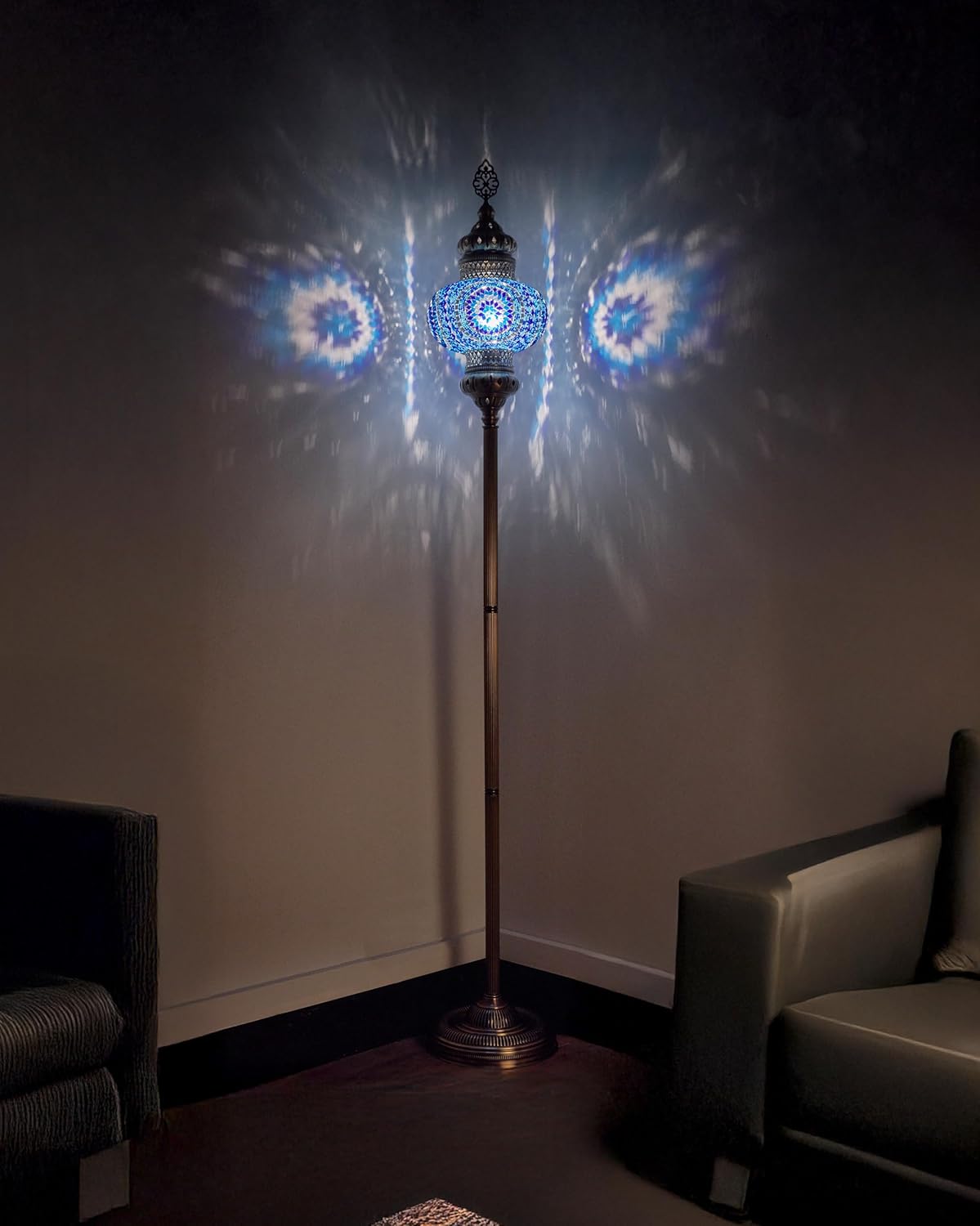 DEMMEX 10" Diameter Largest Mosaic Globe Turkish Floor Lamp, Handmade Moroccan Standing Lamp, Antique Brass Finish, 5.5 ft Tall (Multicolored)