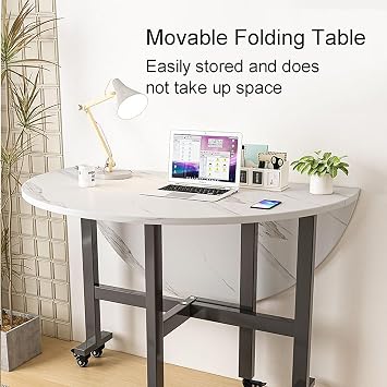 Modern Round Folding Dining Table, Drop Leaf Table with 6 Wheels, Extendable Butterfly Table, Versatile Collapsible Extension Dinner Kitchen Office Desk Table, Space Saving Folding Kitchen Table ( Col