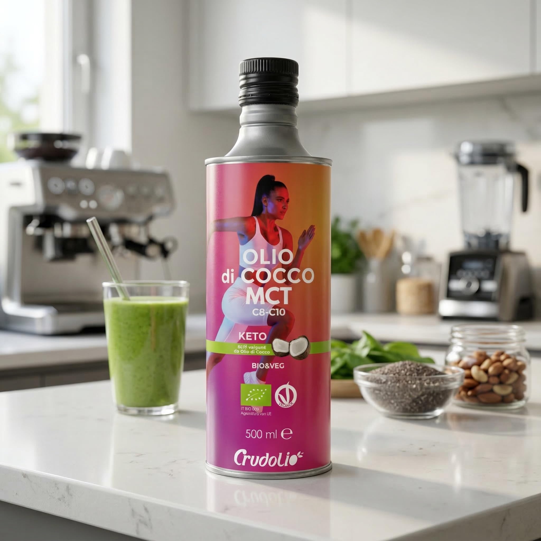 CRUDOLIO - Olio MCT C8-C10 biologico 500ml. LATTINA | Olio di Cocco liquido | Puro al 100% | Spremuto a freddo | Vegan | Paleo | Metabolismo | Keto | Bulletproof coffee (Confezione da 2)