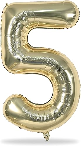 Miniatura 8 de Globo dorado champán con el número 5, globos de aluminio autoinflables grandes de 40 pulgadas del 0 al 9, globo de helio digital 5 dorado claro para