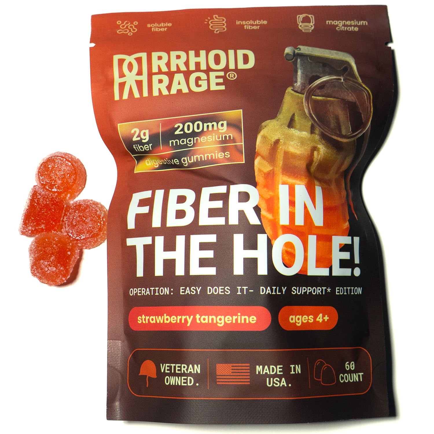 Fiber and Magnesium Gummies, Made in USA, Supports Digestive Health, Relieves Constipation, Helps Prevent Hemorrhoids, Has Both Soluble and Insoluble Fiber, 60 ct (1)