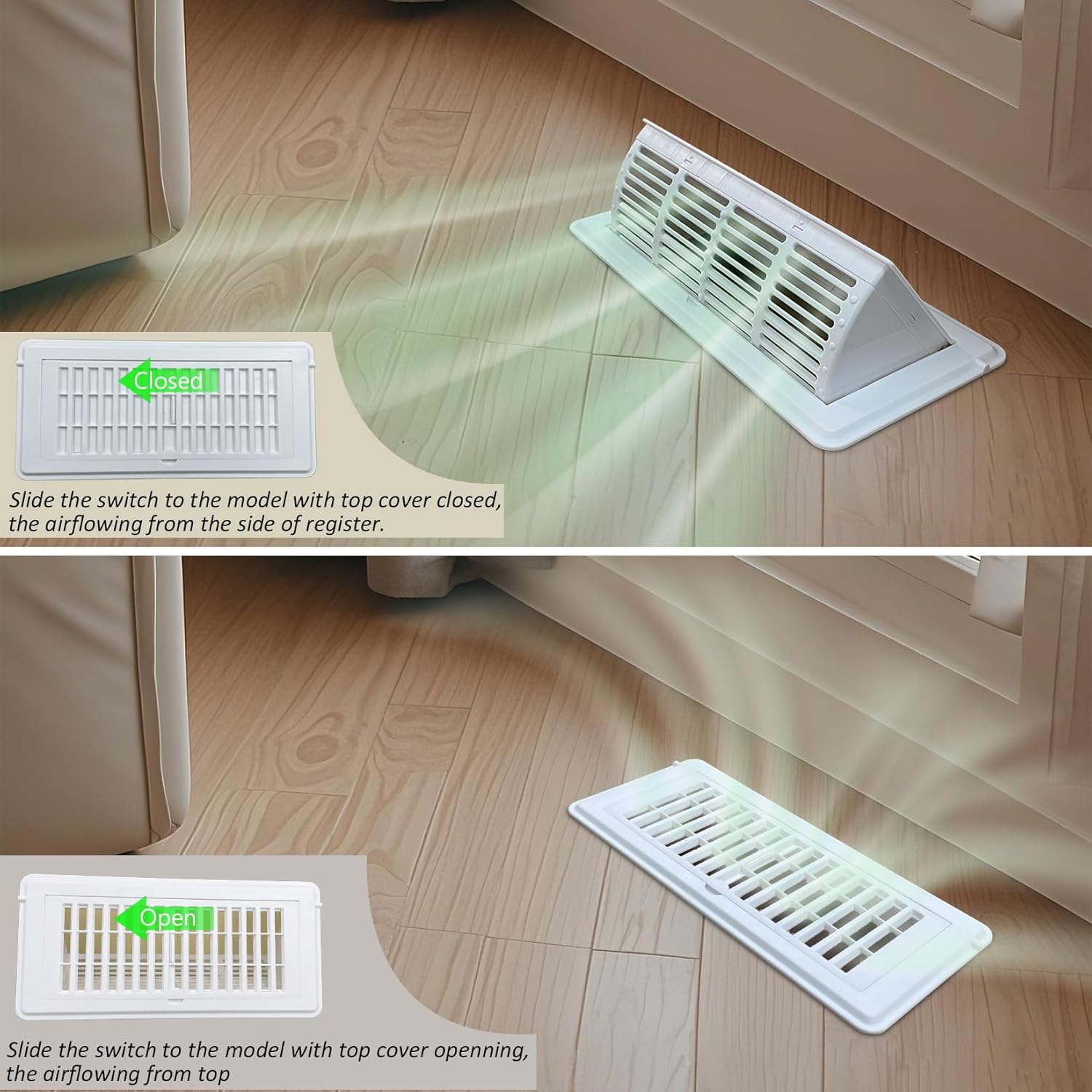 2-in-1 Vent Deflector for Home Floor, Strong Plastic, 4"x10“ Register Type of Deflector, POP up Damper Vent Directional Cover, Floor Air Vent Deflector Under Curtain, Couch or Bed (White, 2Pack)