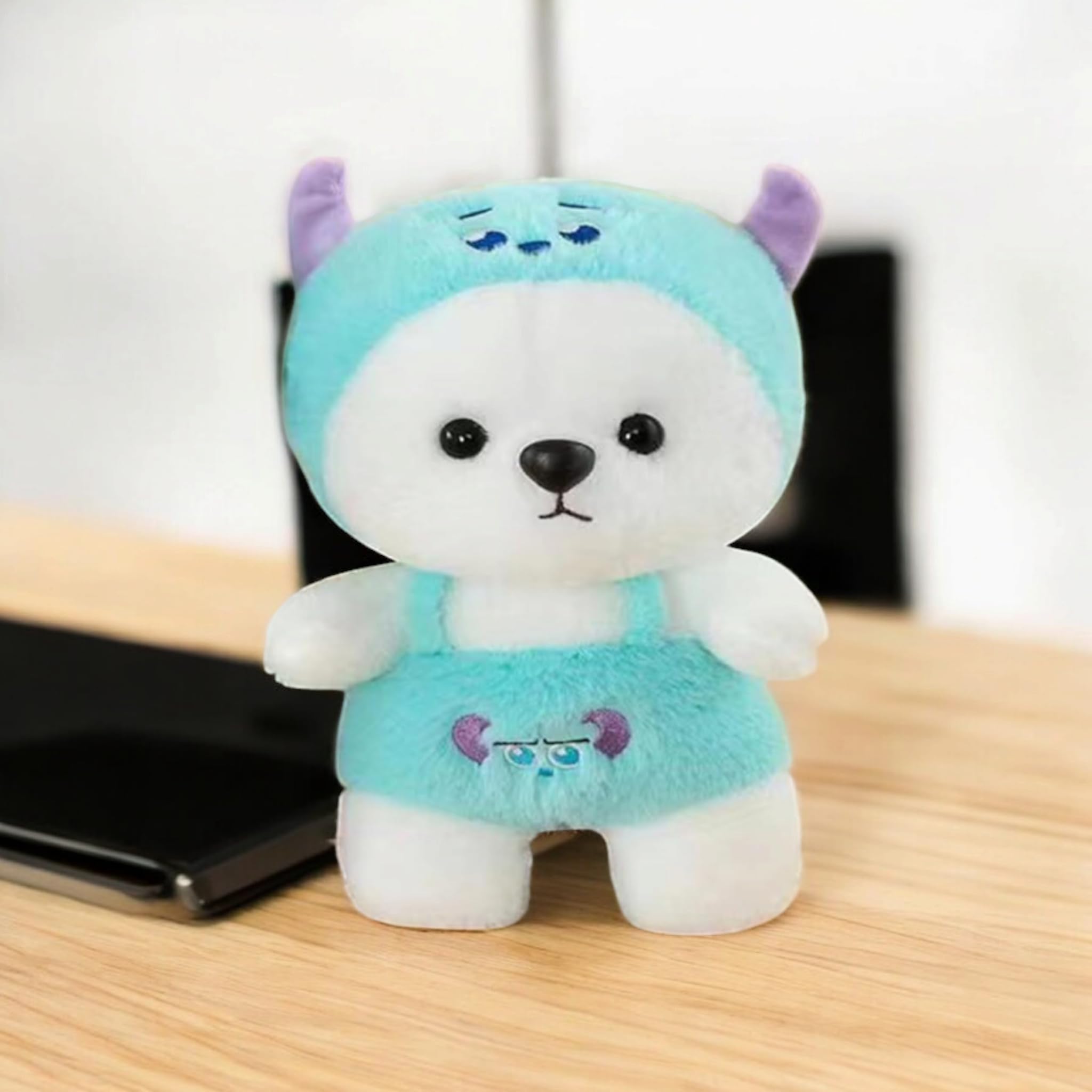 Cute Cuddley Plush Teddy Bear Toys with Turquoise Overalls, White and Purple Ears, Soft Stuffed Animals for Kids Girls 25Cm