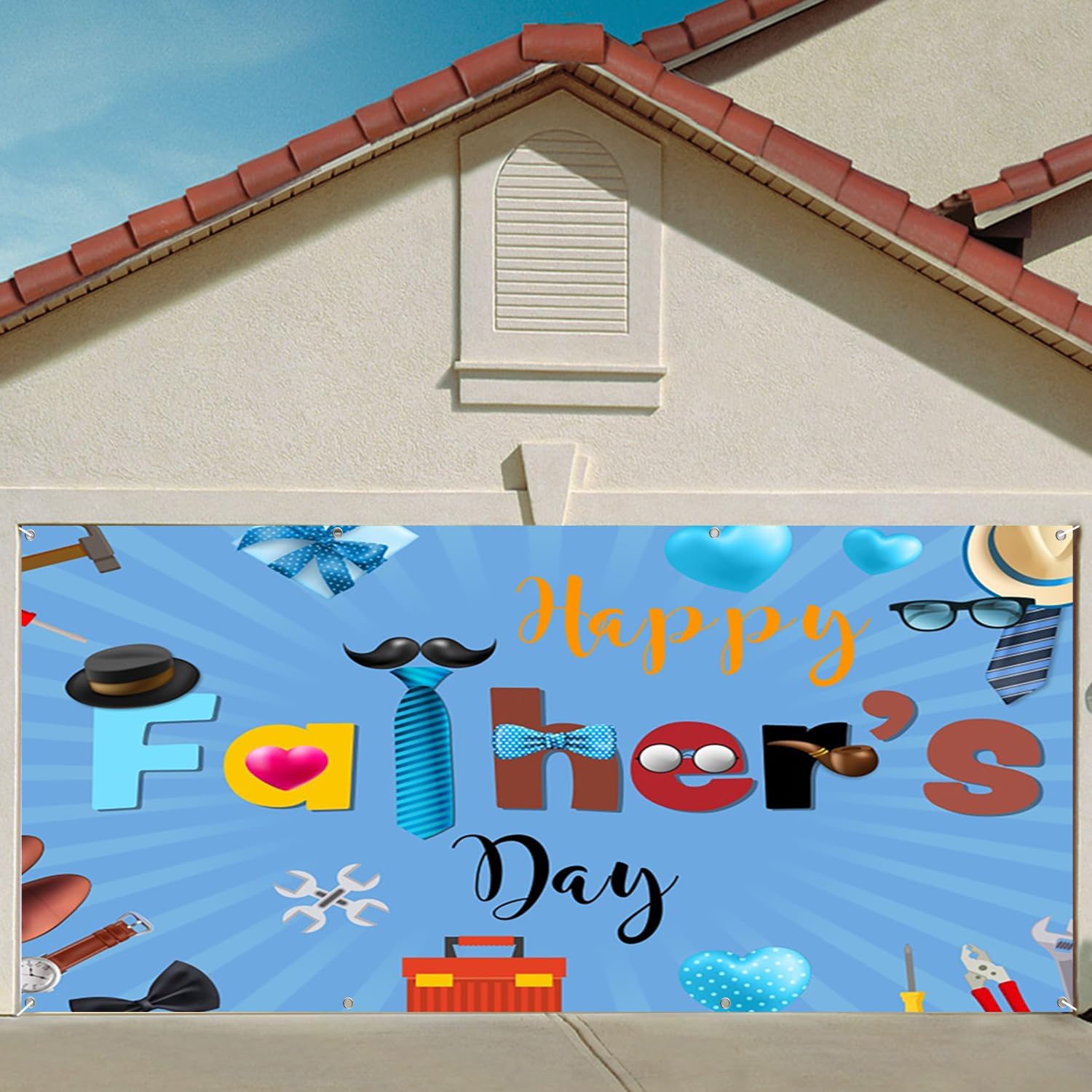 7x8ft Happy Father's Day Garage Door Decor Blue Tie Gift Box Love Stripe Cartoon Pattern Garage Door Background for I Love Dad Adults Dad Man Family Festival Decoration Banner