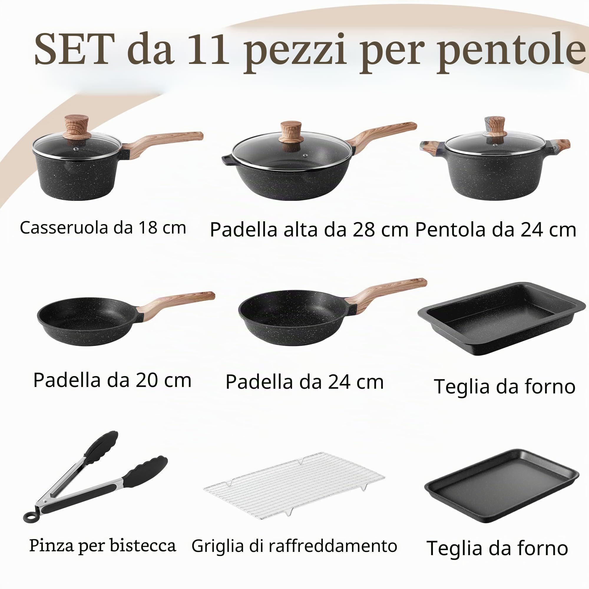 RIOVARM Induzione Set di pentole e padelle con coperchi Antiaderente In granito Set di pentole Senza PFOA utensili da cucina Padella Casseruole Teglia da forno teglia per arrosti