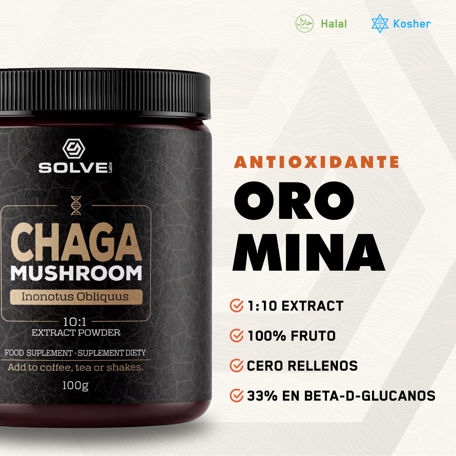 ● Extracto en polvo de hongo chaga siberiano premium ● 10% de beta-D-glucanos ● Extracto 10:1 ● Sin rellenos ni aditivos ● 100 g ● Suministro para 3 mes.